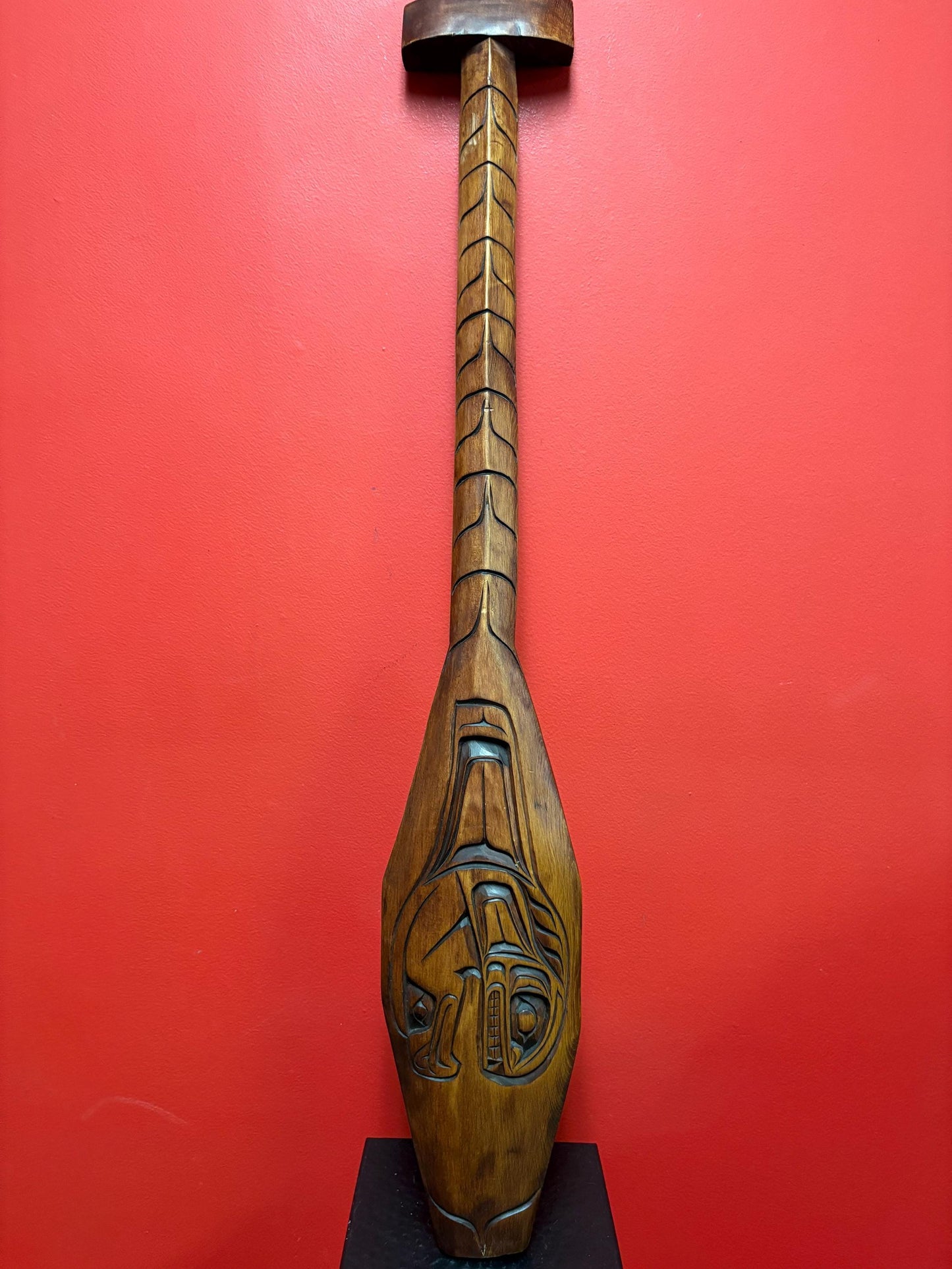 Sensational signed indigenous first nation, Pacific Northwest Coast 27 x 6“ wide cedar thick well detailed paddle  really beautiful - needs