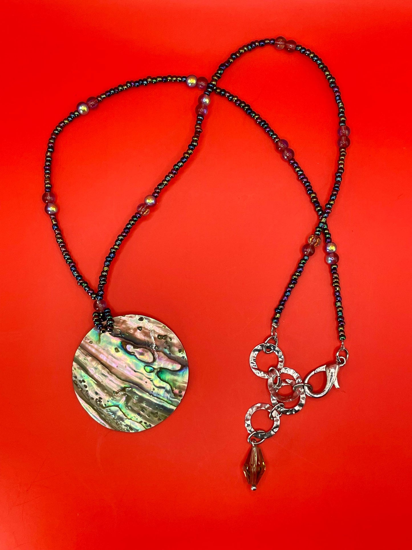 Abalone Pendant Necklace with Beaded chain  20 Chain, 1.5 Pendant