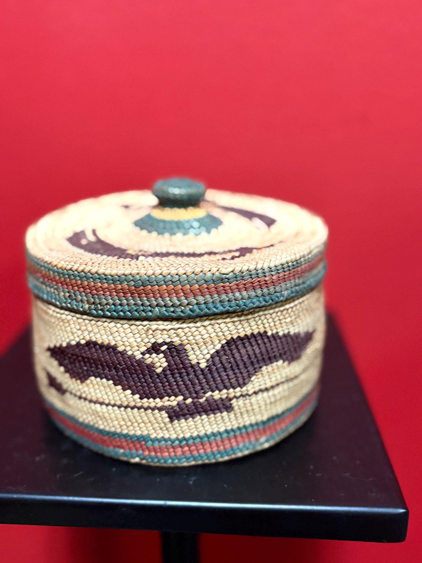 Absolutely stunning indigenous first nations coast Salish woven basket with lid depicting birds in mint condition  5 1/2 x 3 high  wow