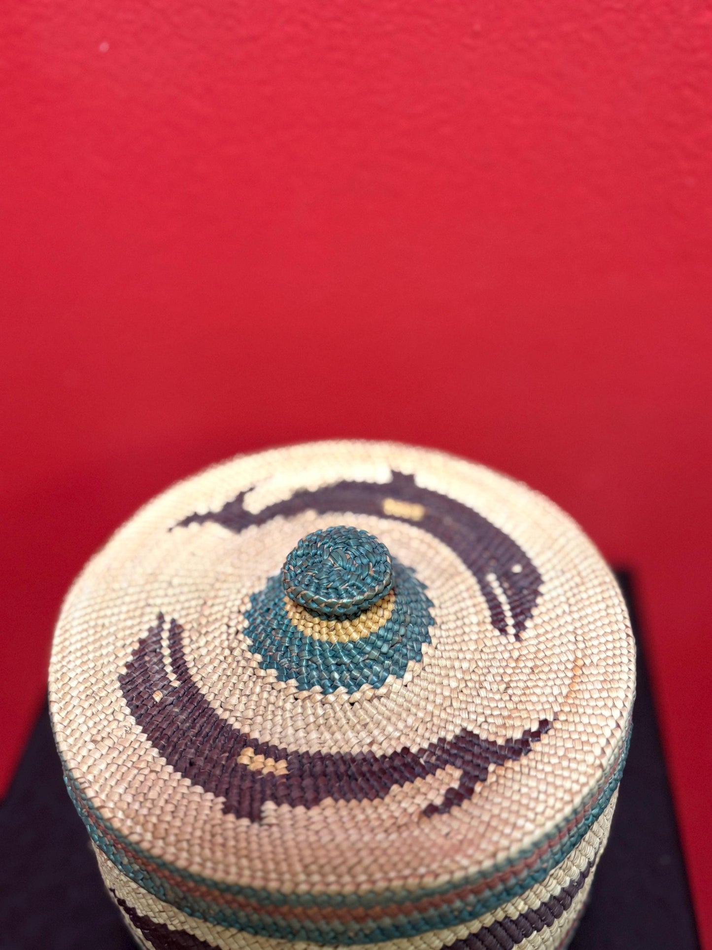 Absolutely stunning indigenous first nations coast Salish woven basket with lid depicting birds in mint condition  5 1/2 x 3 high  wow