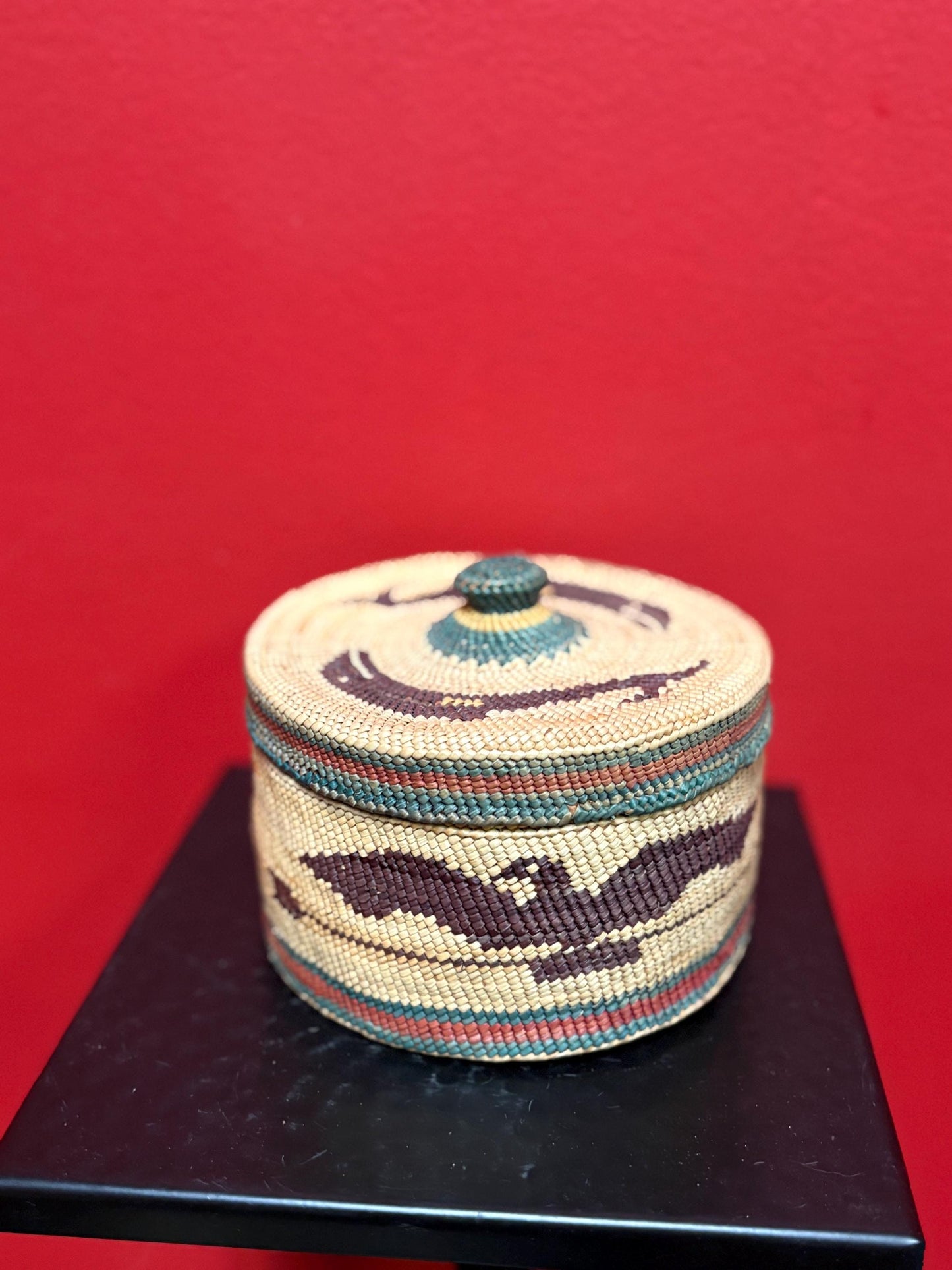 Absolutely stunning indigenous first nations coast Salish woven basket with lid depicting birds in mint condition  5 1/2 x 3 high  wow