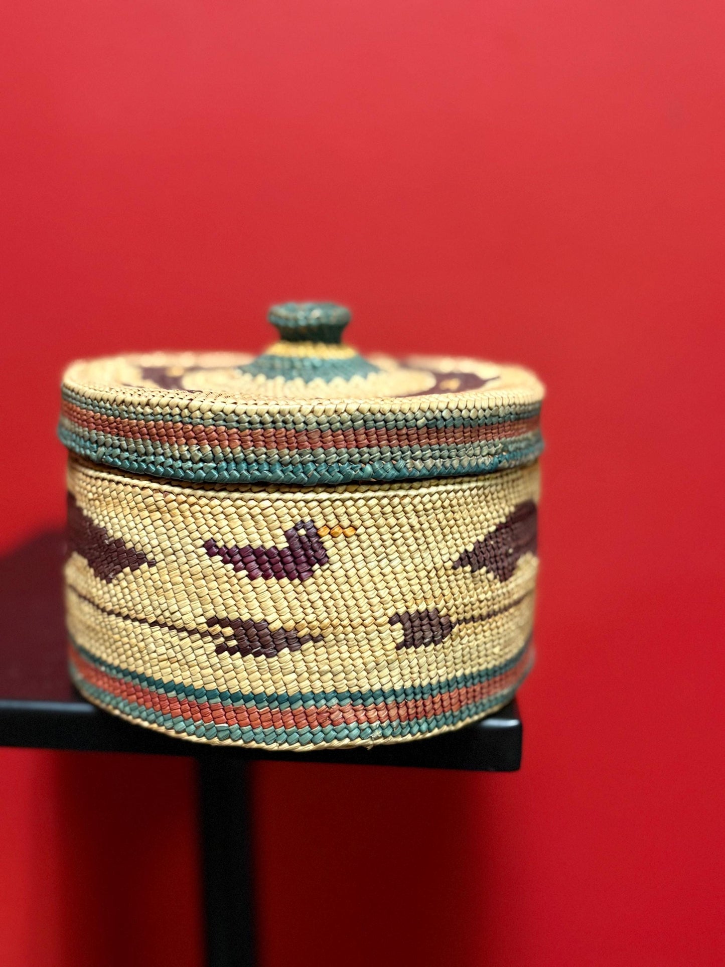 Absolutely stunning indigenous first nations coast Salish woven basket with lid depicting birds in mint condition  5 1/2 x 3 high  wow