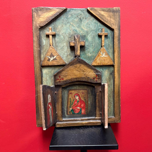 Fabulous antique 18th century 16 x 11 inch wide  folk art style Russian icon  very unusual design and wonderful imagery  can hang