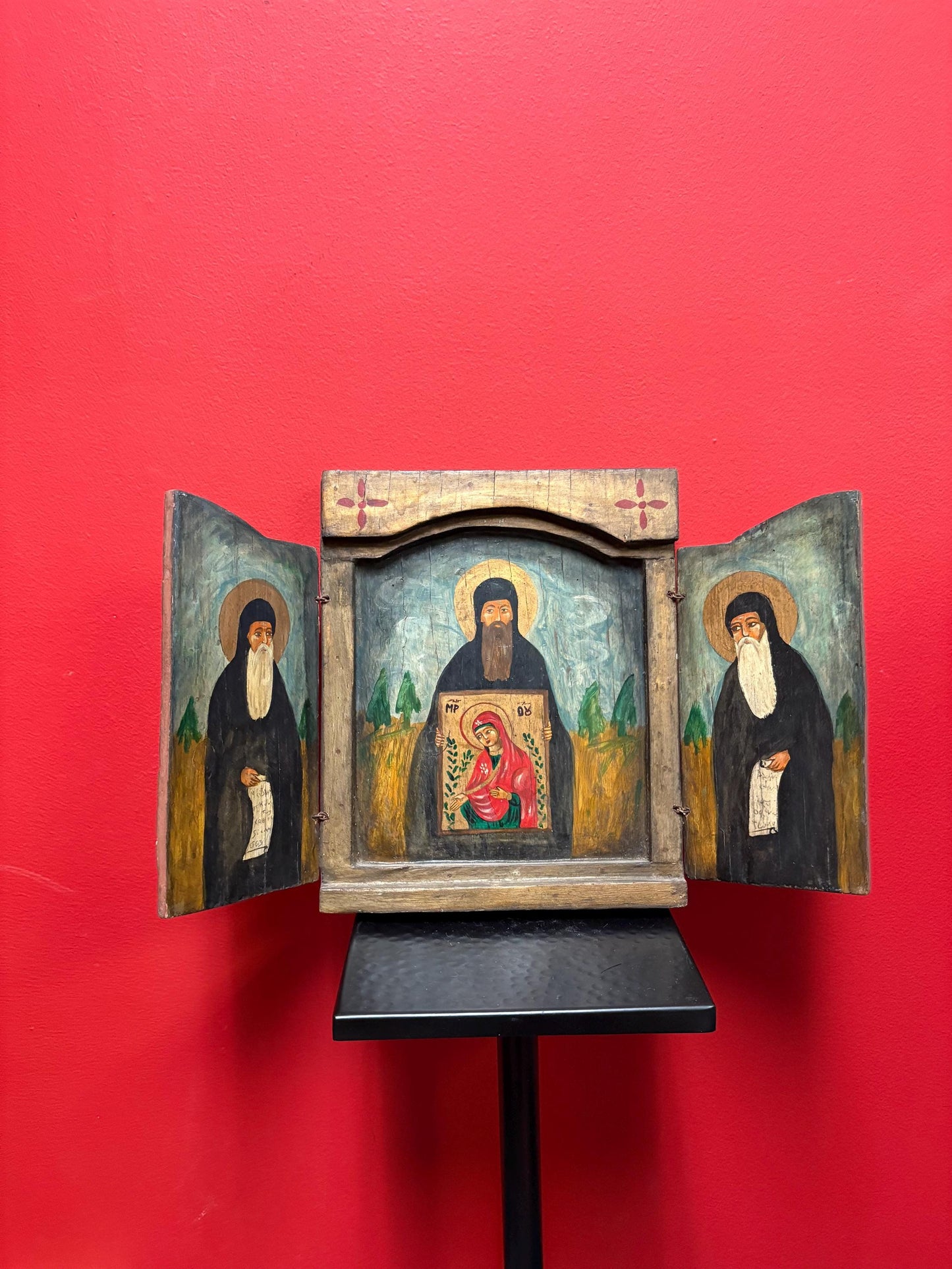 Fabulous antique 18th century 17 x 11 inch high folk art style Russian icon  very unusual design and wonderful imagery