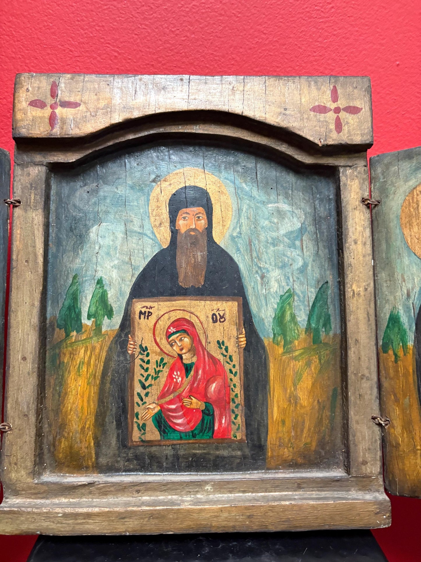 Fabulous antique 18th century 17 x 11 inch high folk art style Russian icon  very unusual design and wonderful imagery