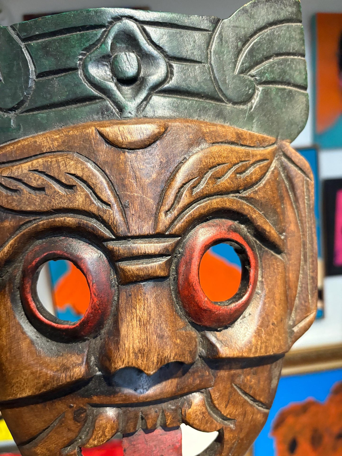 Beautiful older Asian hardwood mask with cheeky tongue ready to hang or gift  10 x 8 inches across  good value