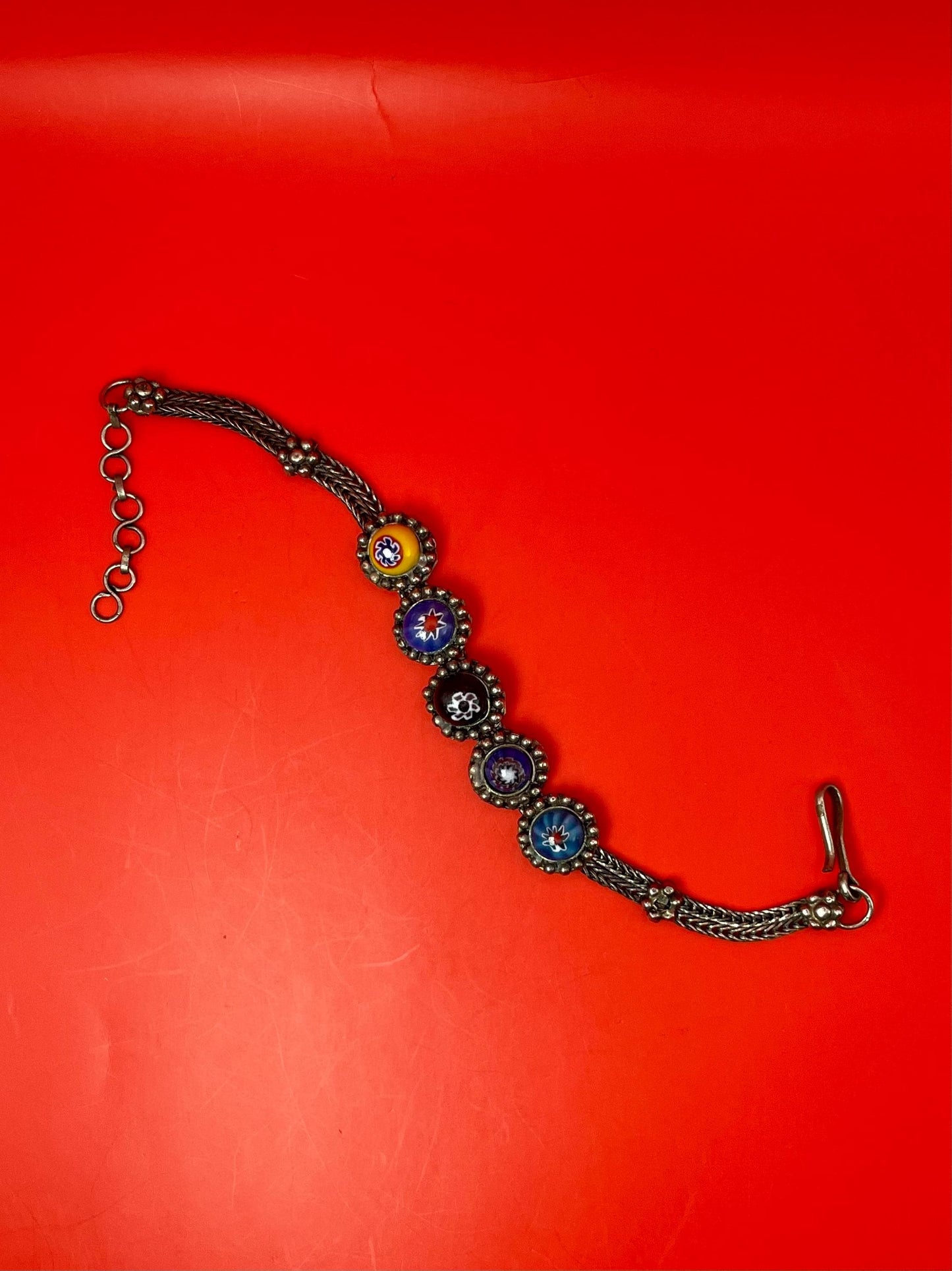 Vintage Millefiori Glass and Silver-Tone Bracelet