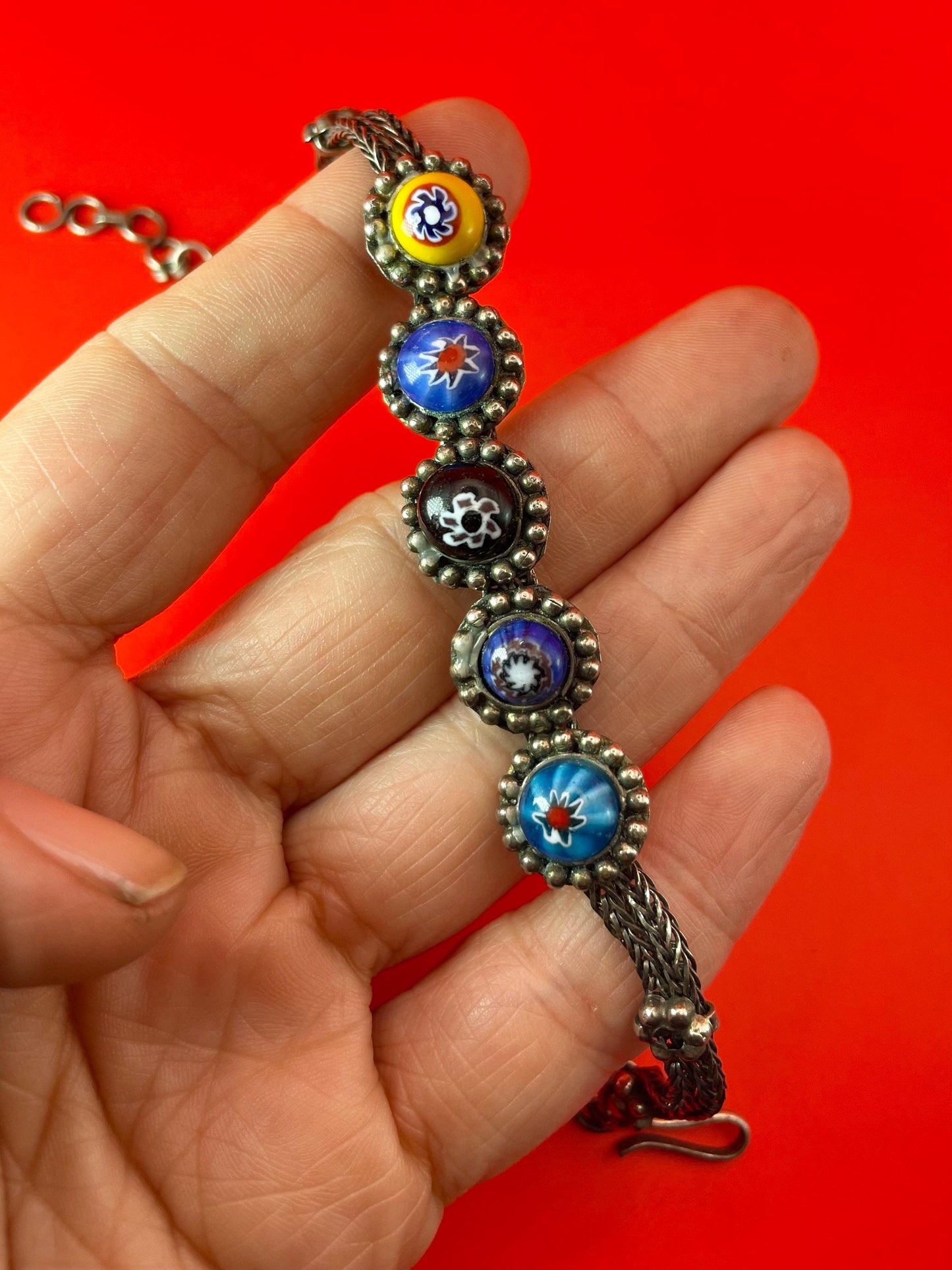 Vintage Millefiori Glass and Silver-Tone Bracelet