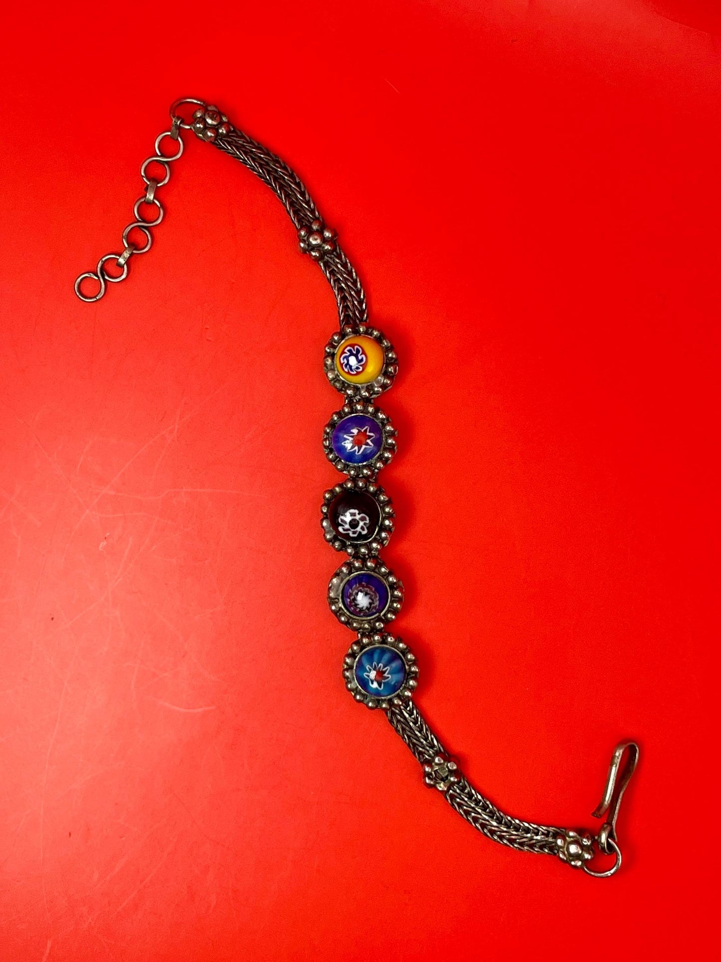 Vintage Millefiori Glass and Silver-Tone Bracelet