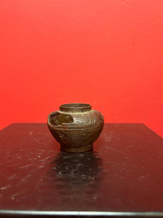 Fabulous museum quality 2 inch high Ming dynasty bronze vase  wonderful patina and natural eroded damage  from my personal collection