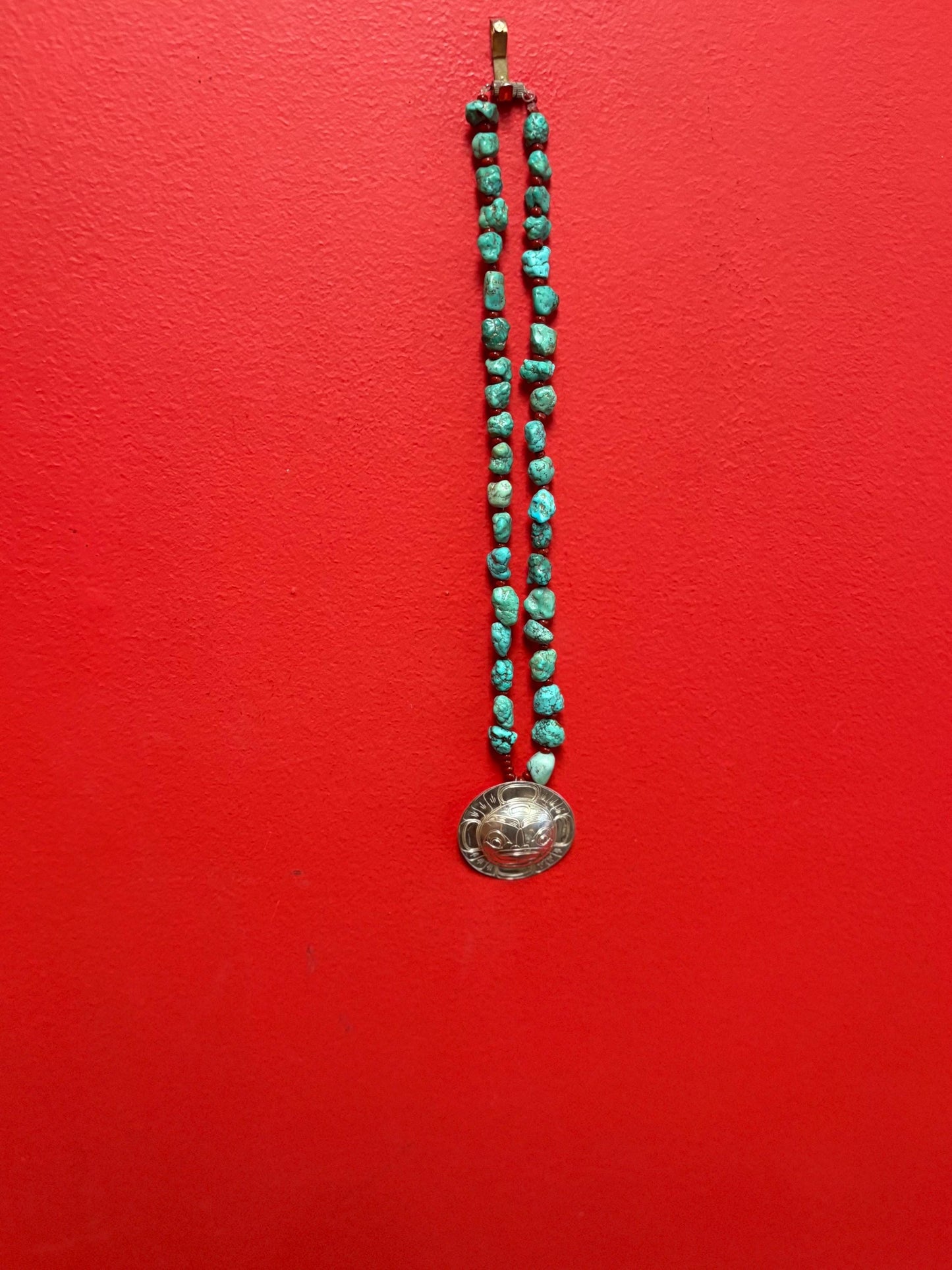 Stunning 18 inch chunky real turquoise necklace with massive 2 inch signed native silver sun mask pendant  highest quality  wow