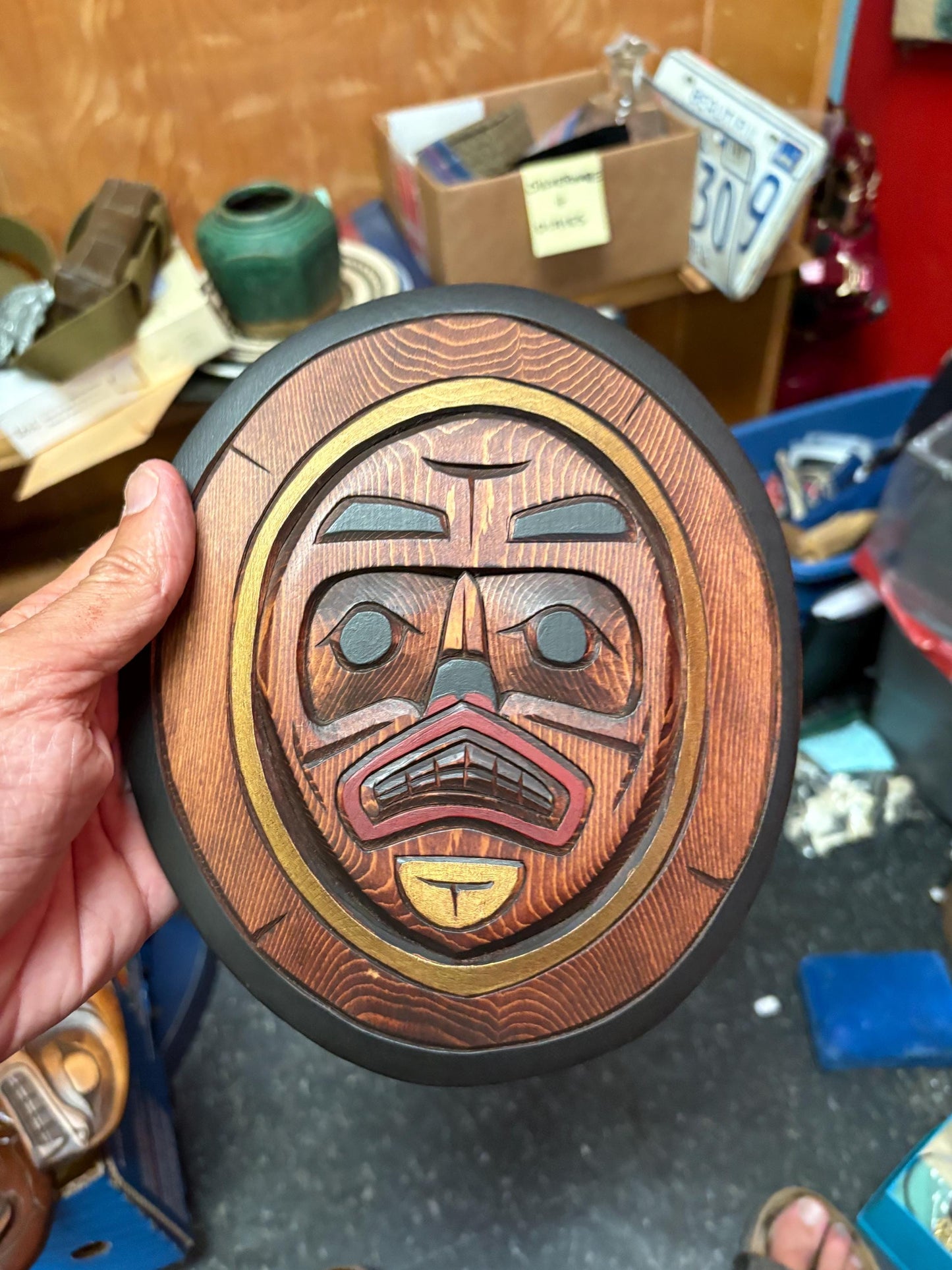 Fabulous indigenous first nations Pacific Northwest coast Sun mask plaque  8 1/2 x 7 wide  - great detail  value priced