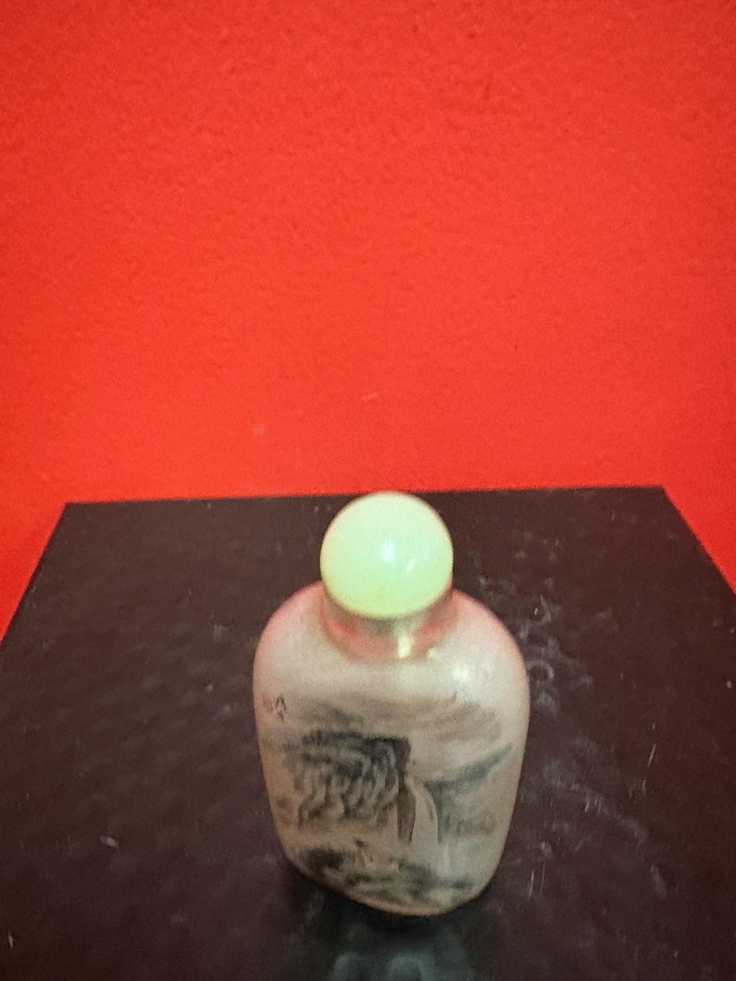 Lovely signed reverse painted Chinese  snuff bottle with Jade top  3.5 inches tall  great value - B