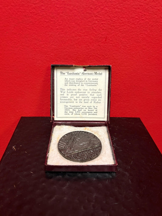 Beautiful German naval bronze  2.5 inch medal celebrating the LUSITANIA  with paperwork in original box  German naval memorabilia