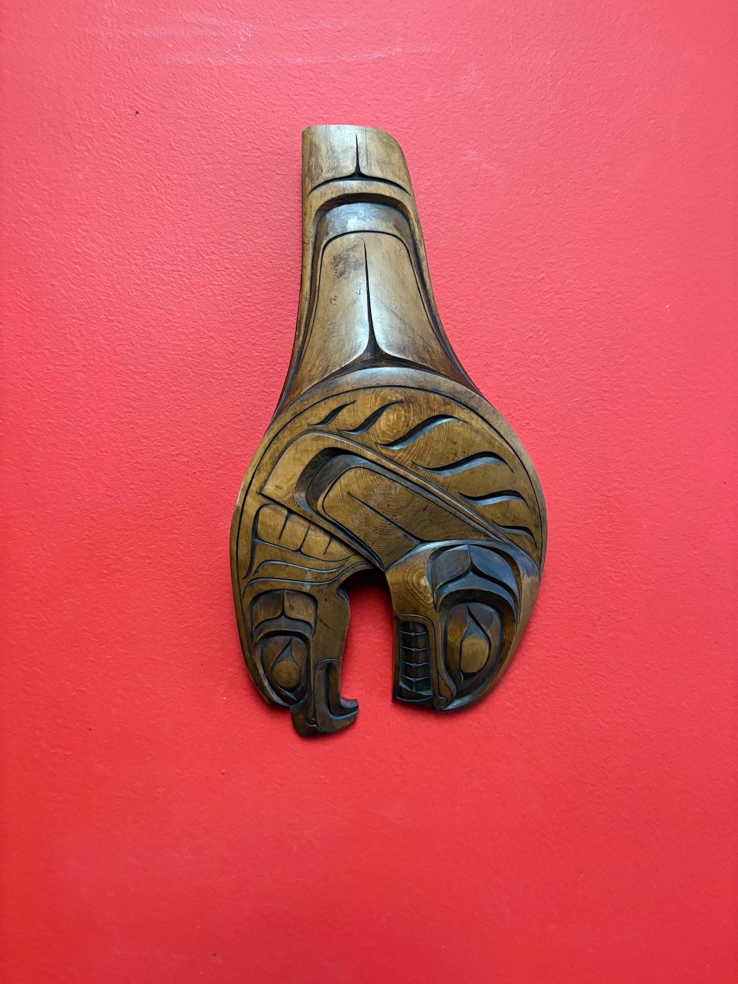 Stunning 13 x 7 wide heavily detailed signed killer whale eagle transformation plaque indigenous first nations Pacific Northwest Coast