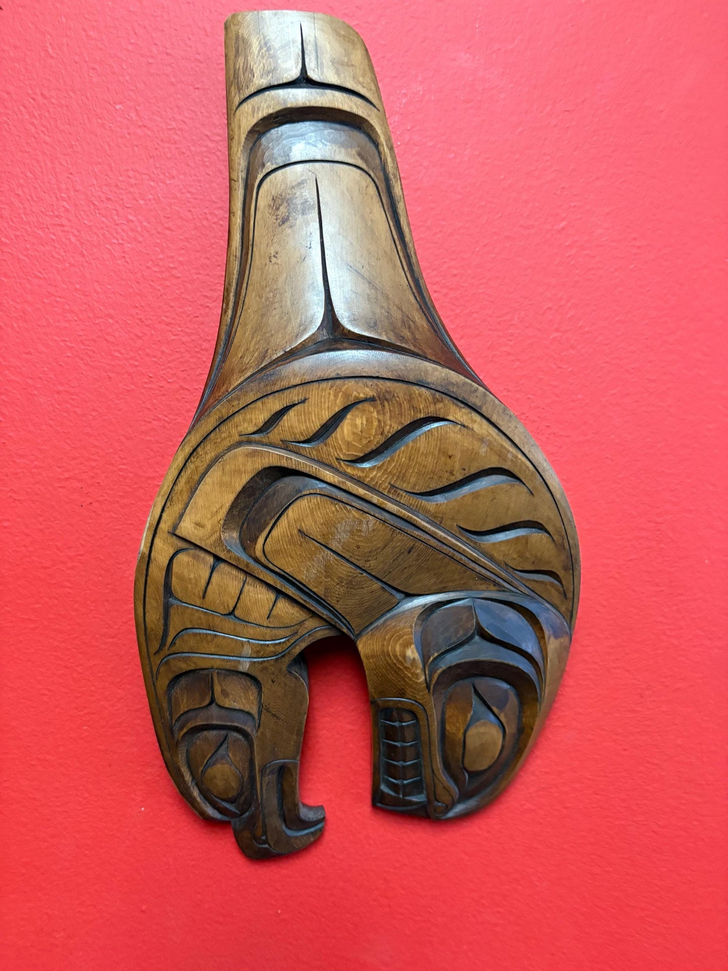 Stunning 13 x 7 wide heavily detailed signed killer whale eagle transformation plaque indigenous first nations Pacific Northwest Coast