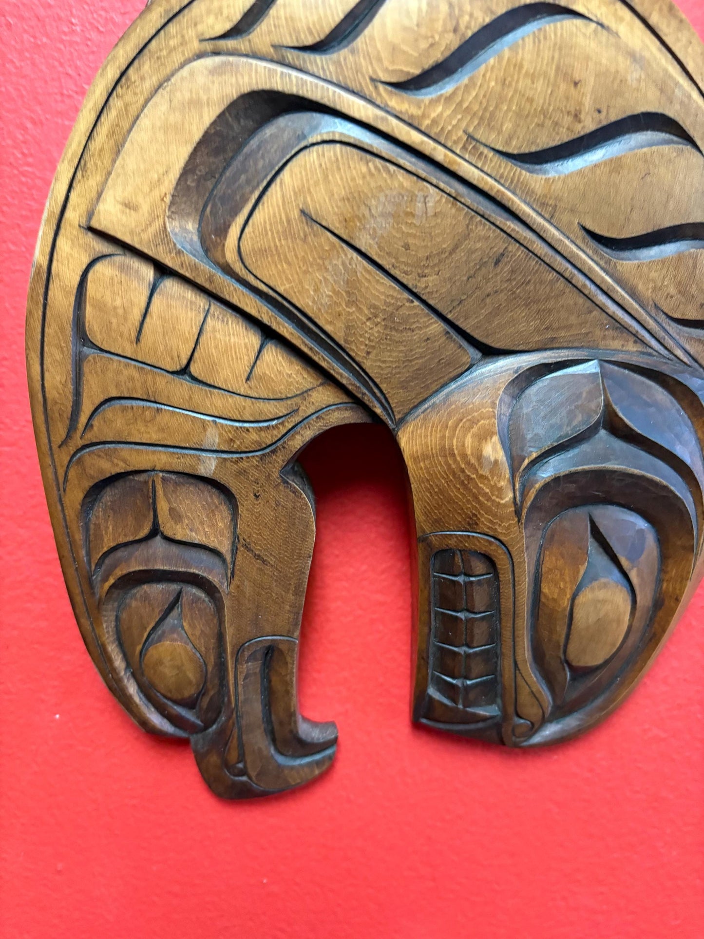 Stunning 13 x 7 wide heavily detailed signed killer whale eagle transformation plaque indigenous first nations Pacific Northwest Coast