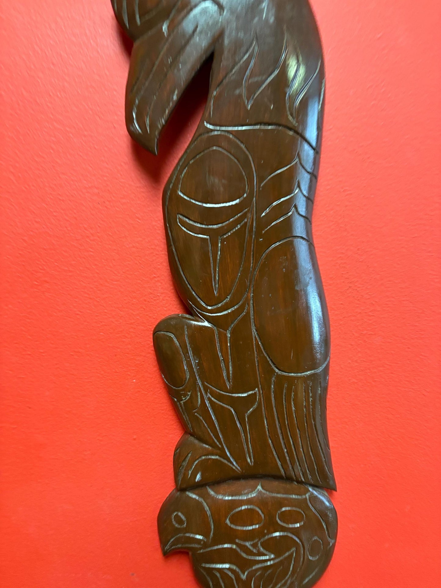 Lovely signed indigenous first nation Pacific north West Coast 19 x 6 wide Eagle and salmon plaque  great value