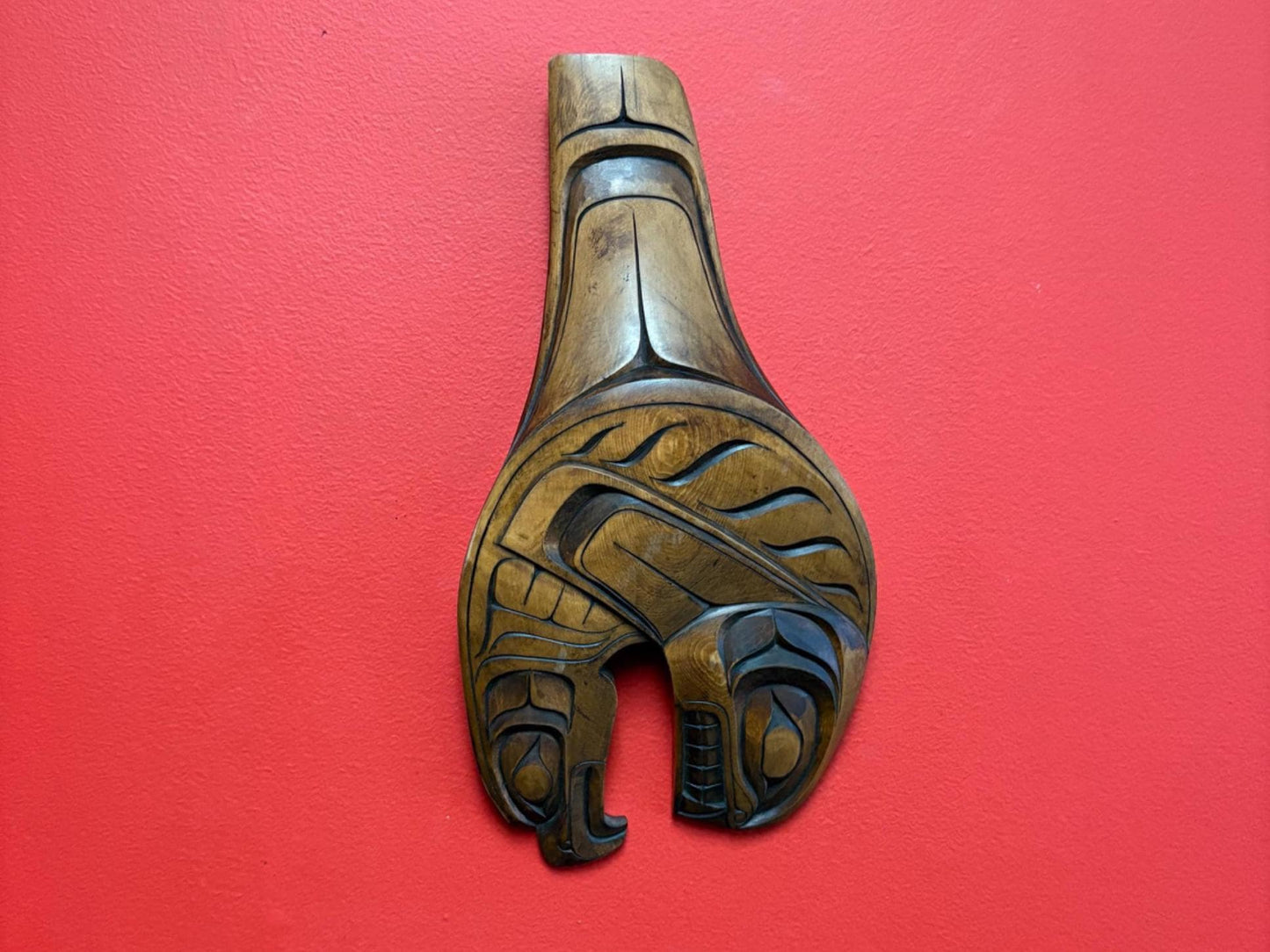 Stunning 13 x 7 wide heavily detailed signed killer whale eagle transformation plaque indigenous first nations Pacific Northwest Coast