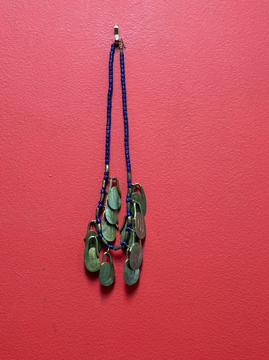 Old African trade bead and brass necklace  approx 20 inches long  really unique piece