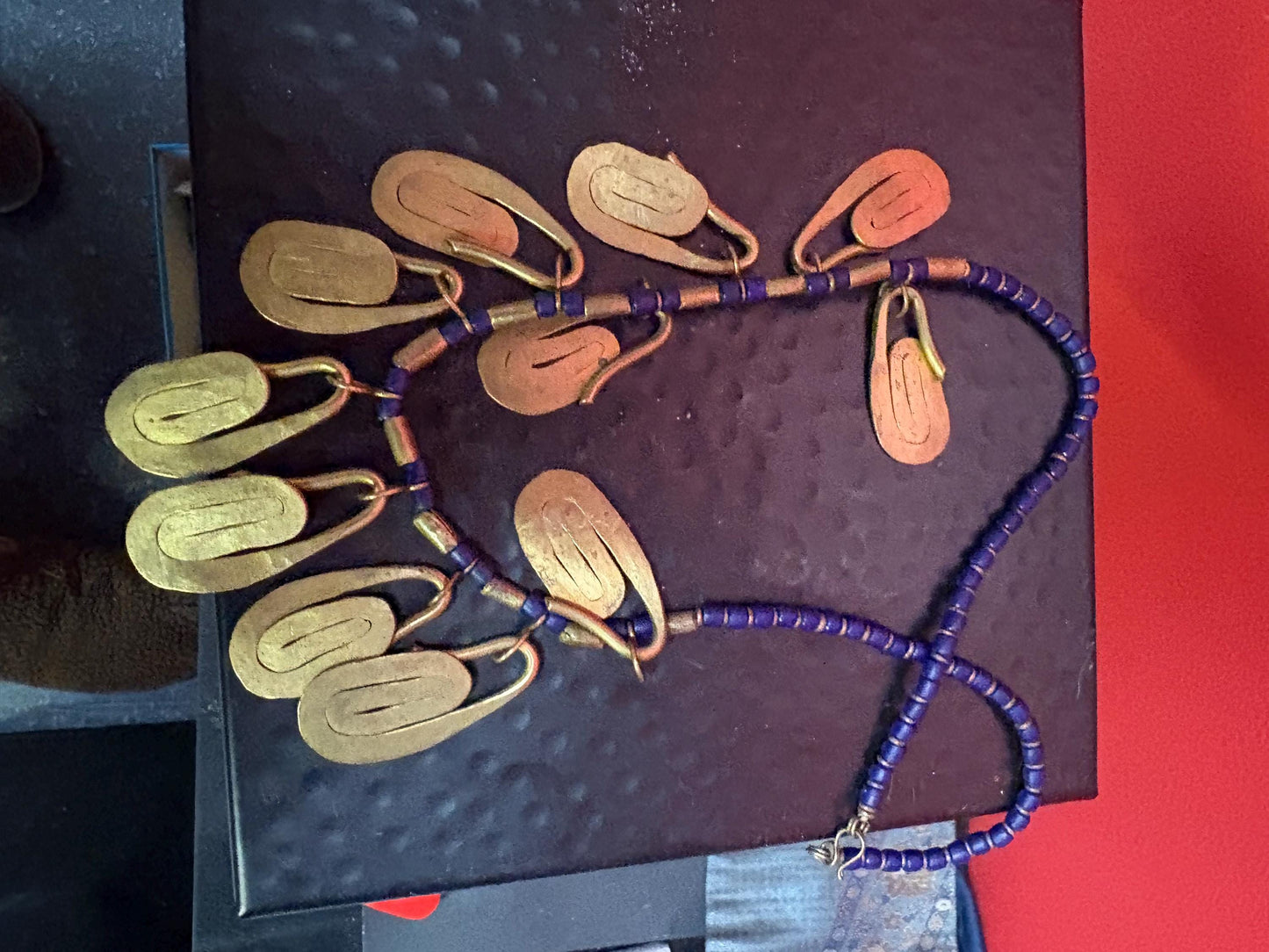 Old African trade bead and brass necklace  approx 20 inches long  really unique piece