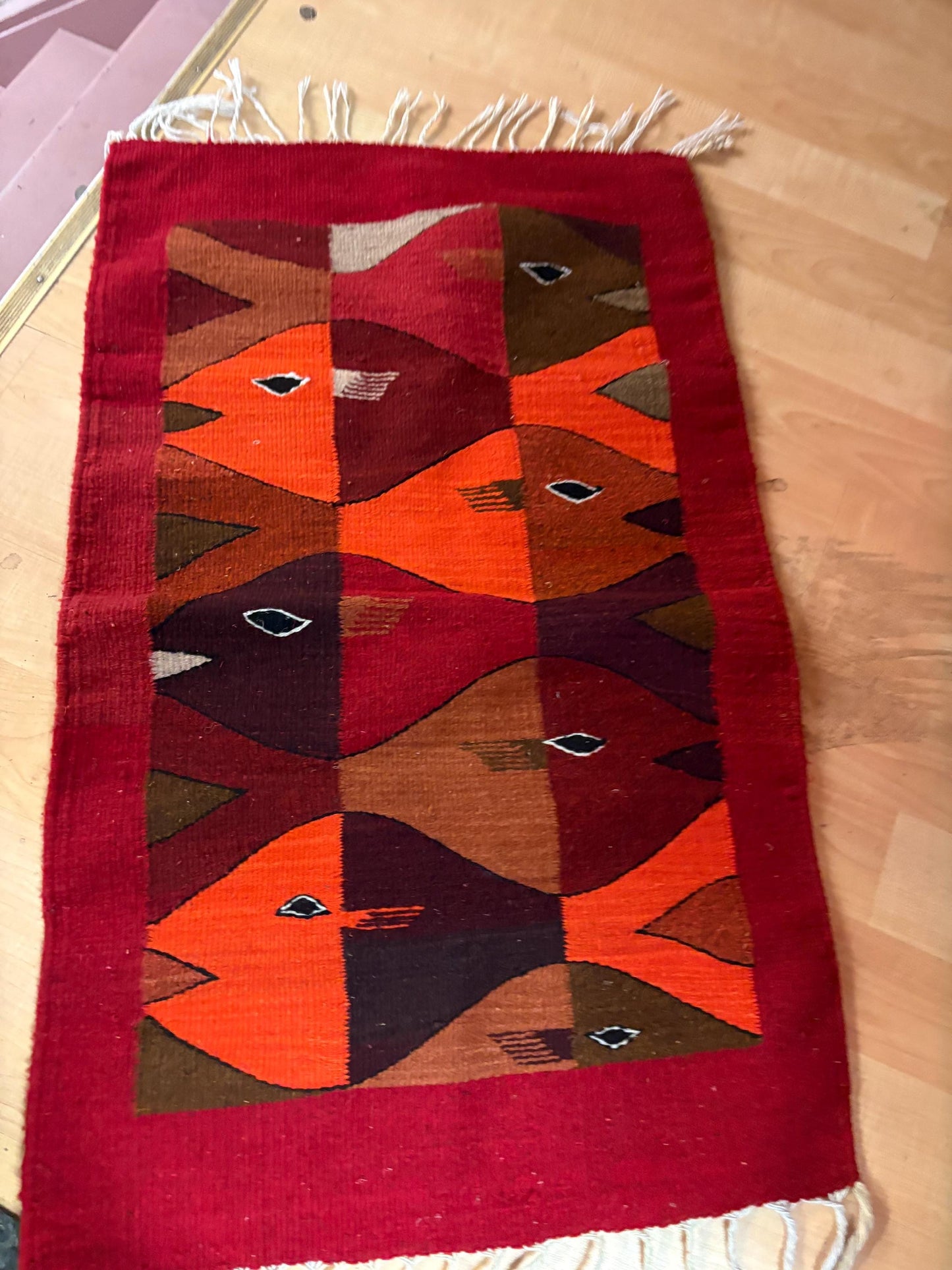 Beautiful vintage Zapotec Oaxacan fringed wool textile  ready to hang or lay down in great condition - MCM beauty   approximately 48 x 24