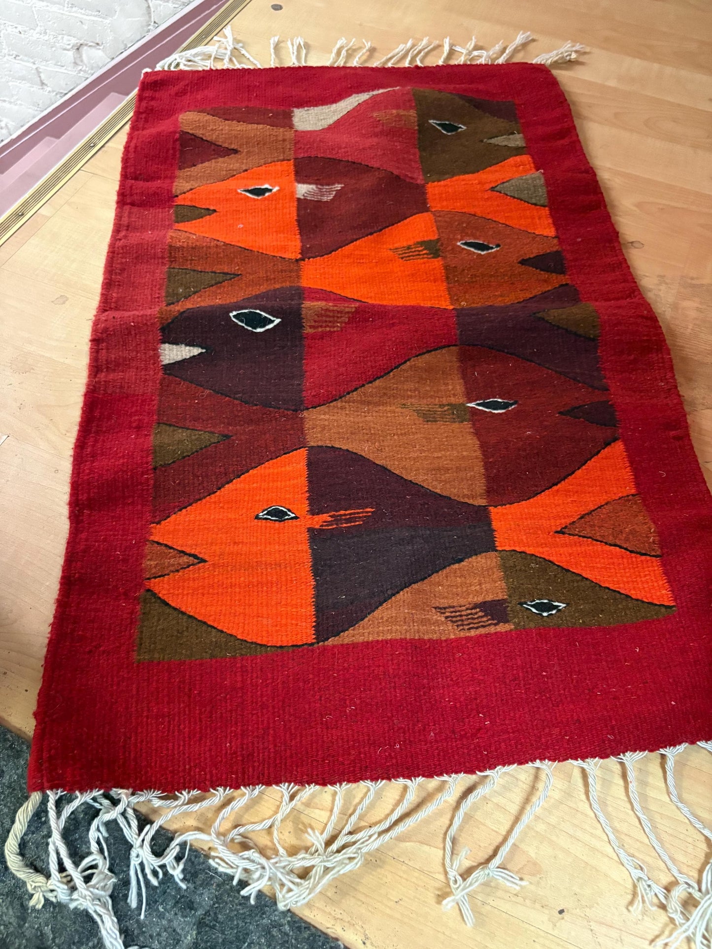 Beautiful vintage Zapotec Oaxacan fringed wool textile  ready to hang or lay down in great condition - MCM beauty   approximately 48 x 24