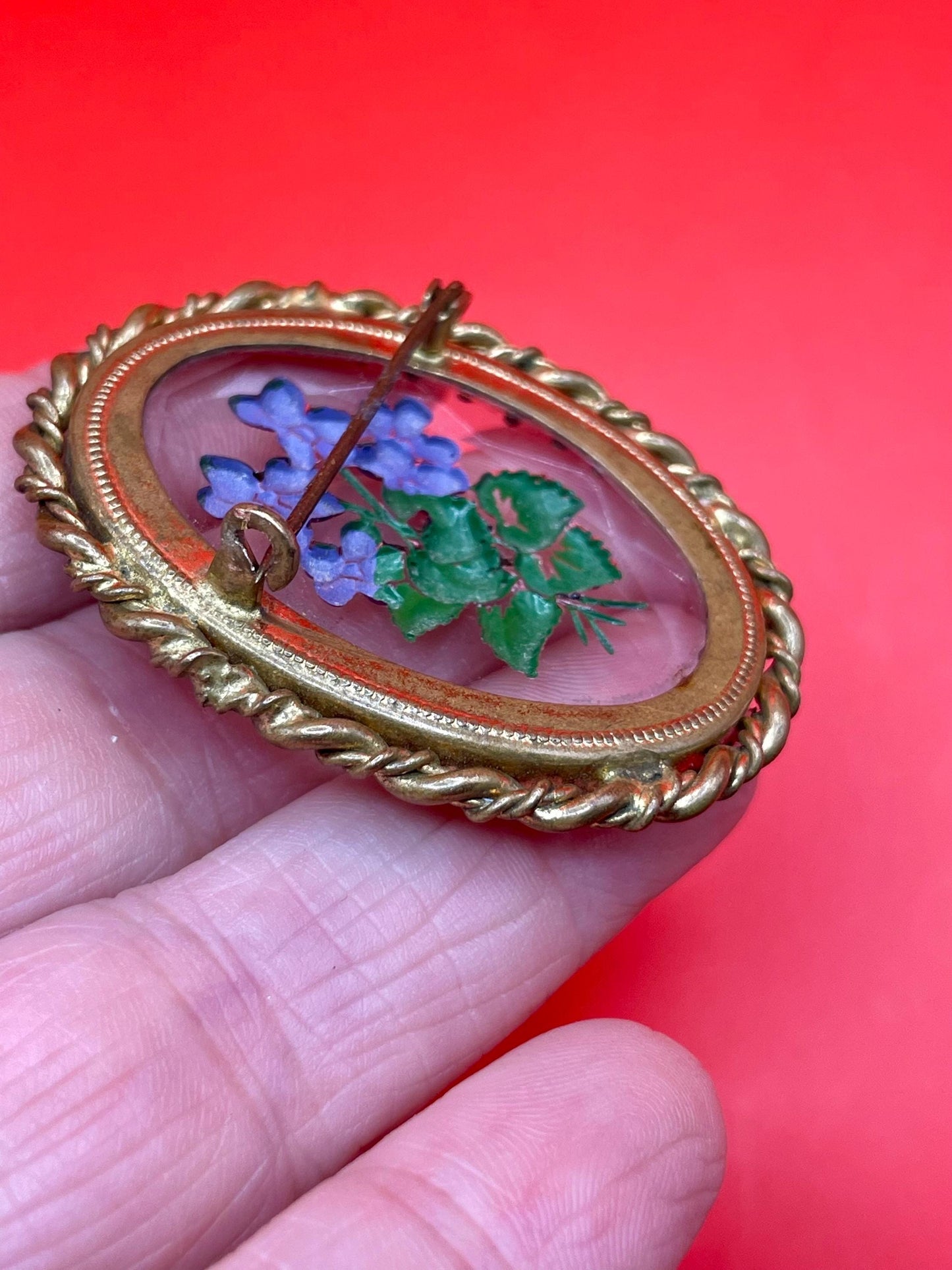 Hand Painted Enamel Brooch with Gilt Edging
