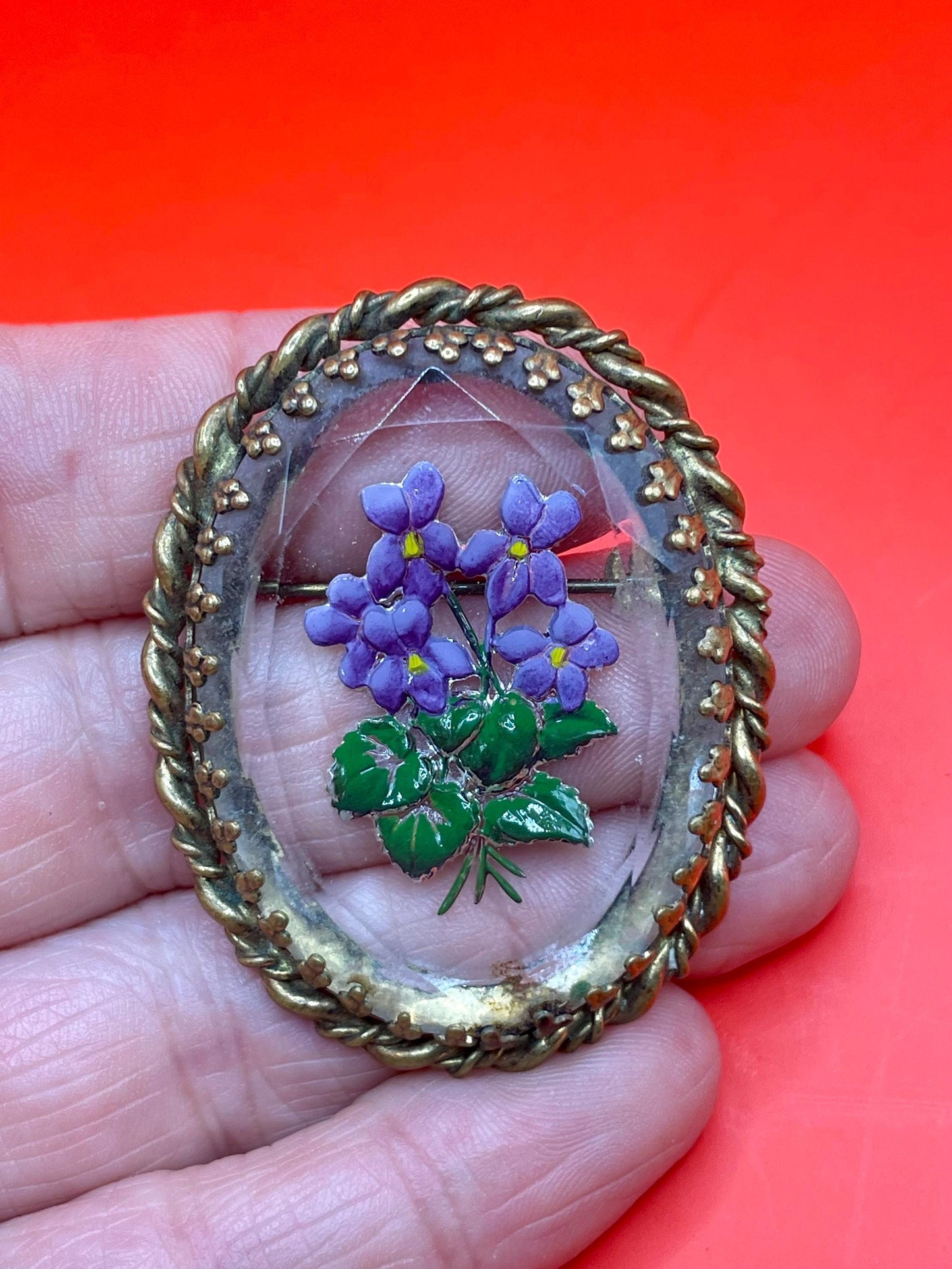 Hand Painted Enamel Brooch with Gilt Edging