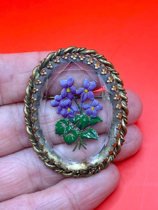 Hand Painted Enamel Brooch with Gilt Edging