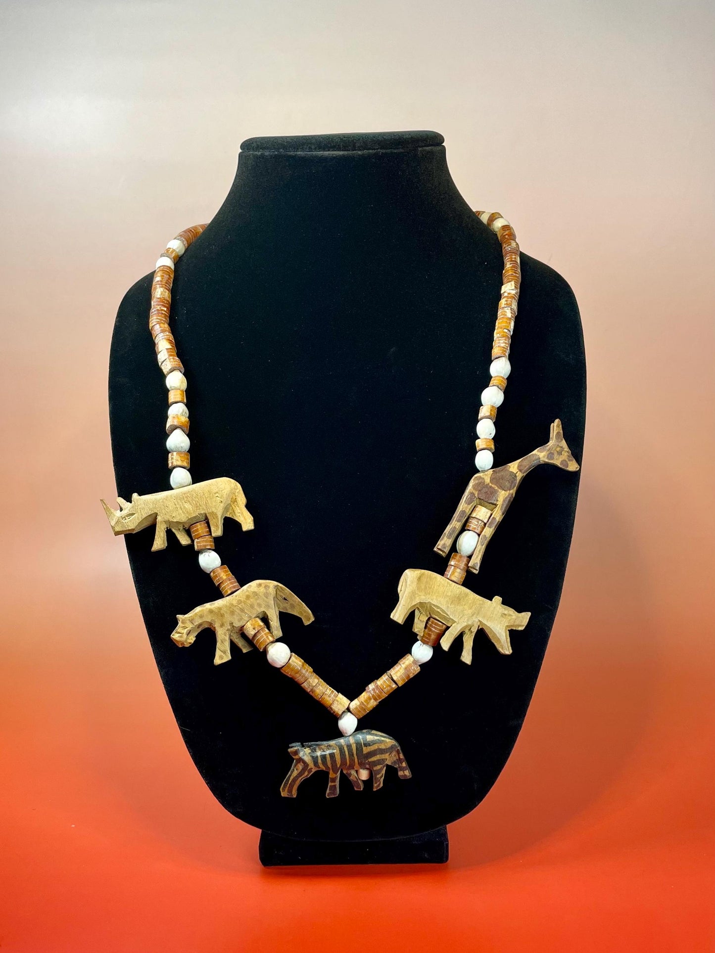 28 inch Necklace with Carved Wooden African Animals