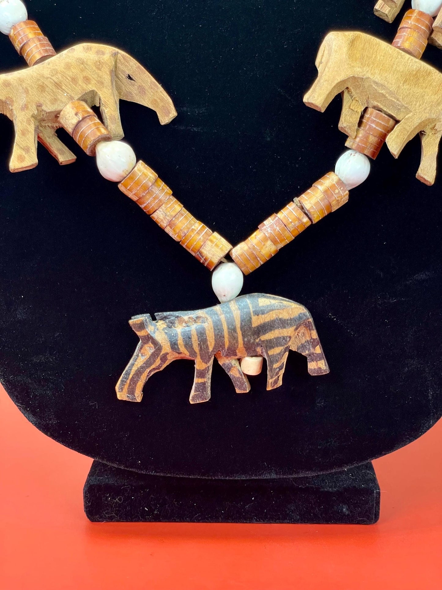 28 inch Necklace with Carved Wooden African Animals