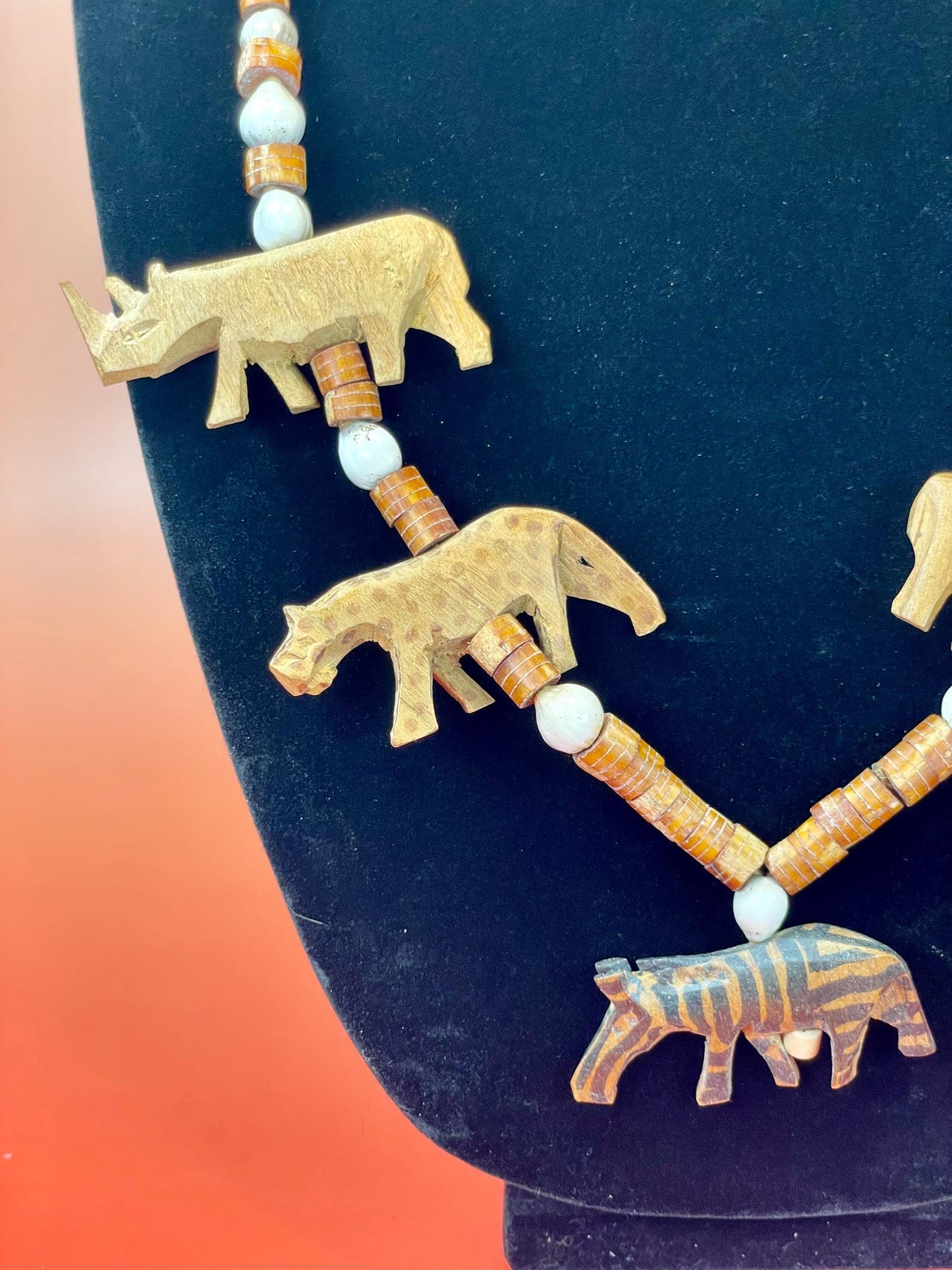 28 inch Necklace with Carved Wooden African Animals