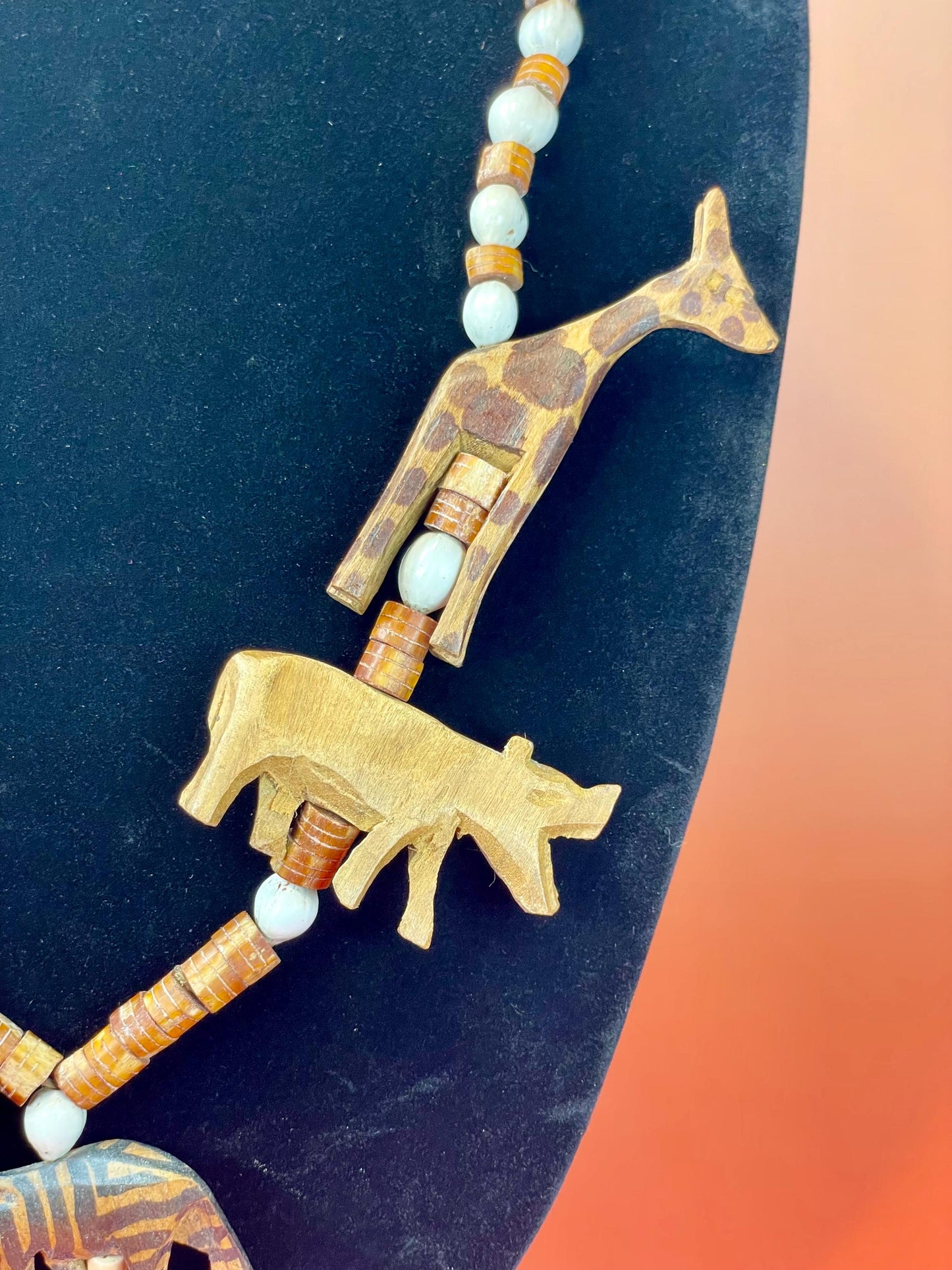 28 inch Necklace with Carved Wooden African Animals