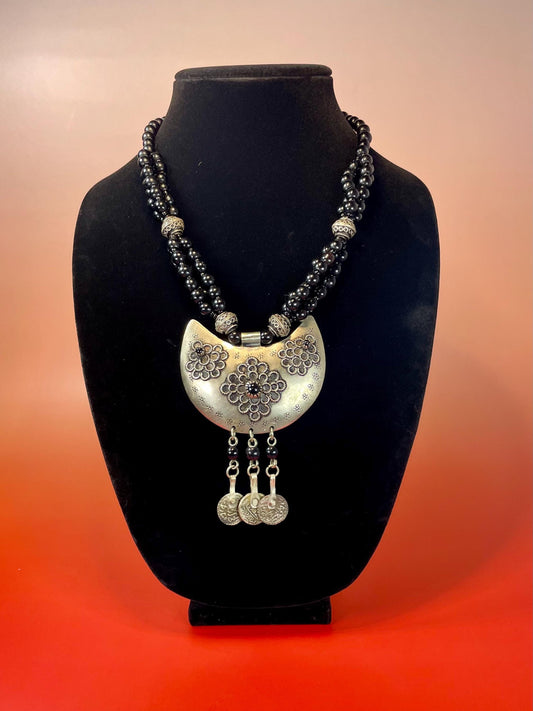 Bohemian Black Beaded Necklace with Large Silver Pendant and Dangling Coins