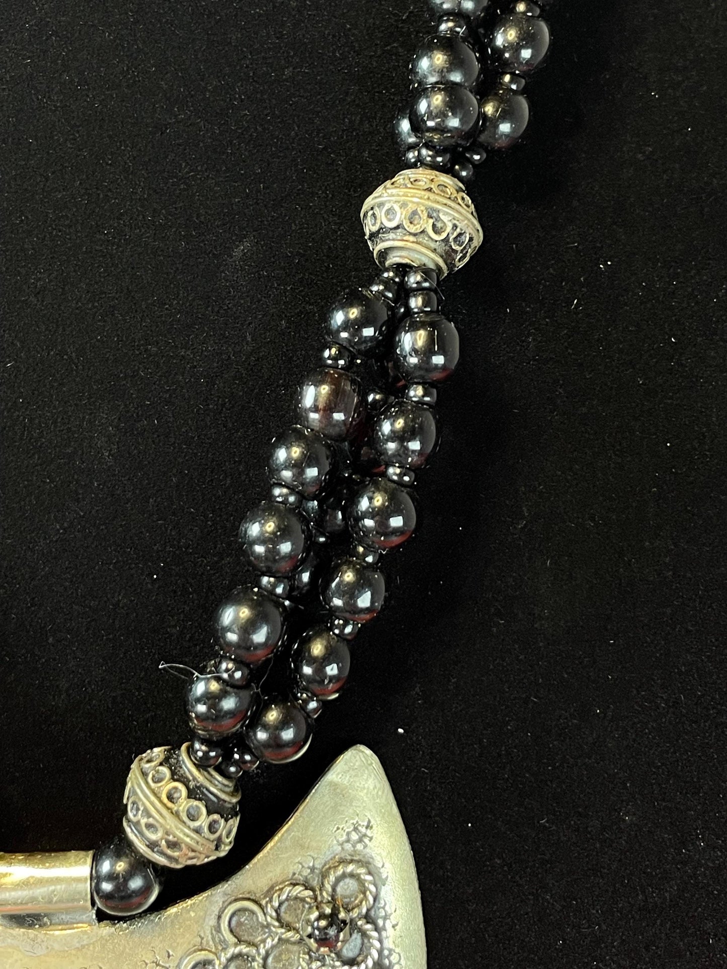 Bohemian Black Beaded Necklace with Large Silver Pendant and Dangling Coins