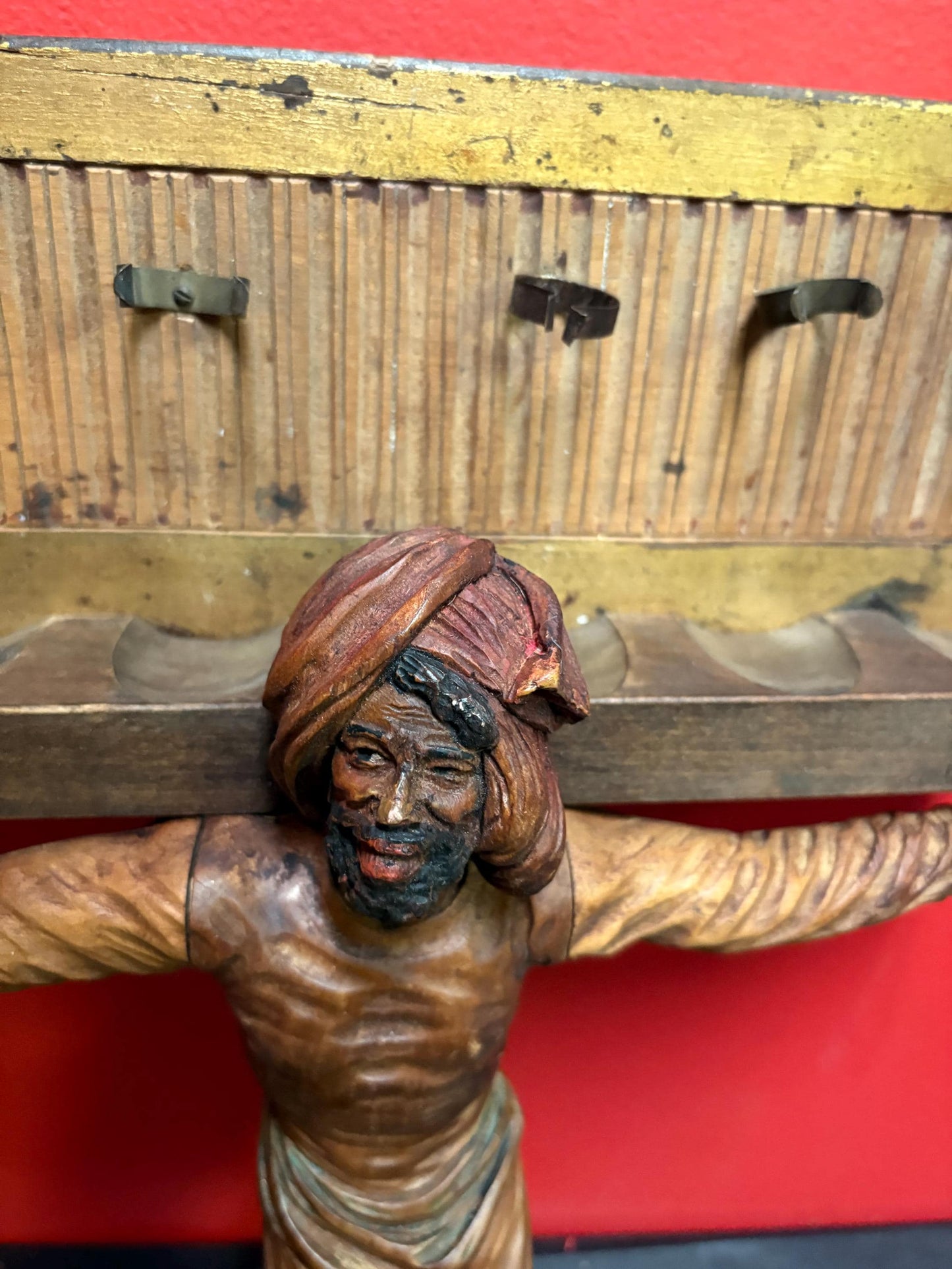 Outstanding antique 17 x 14 inch wide pipe holder Persian religious piece of art  tobacco  great condition  hangs  wow