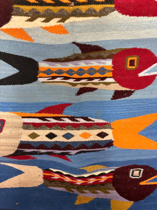 Beautiful Ecuador vintage hundred percent wool textile blanket  or wall hanging  41 x 23 - edges frayed  great value