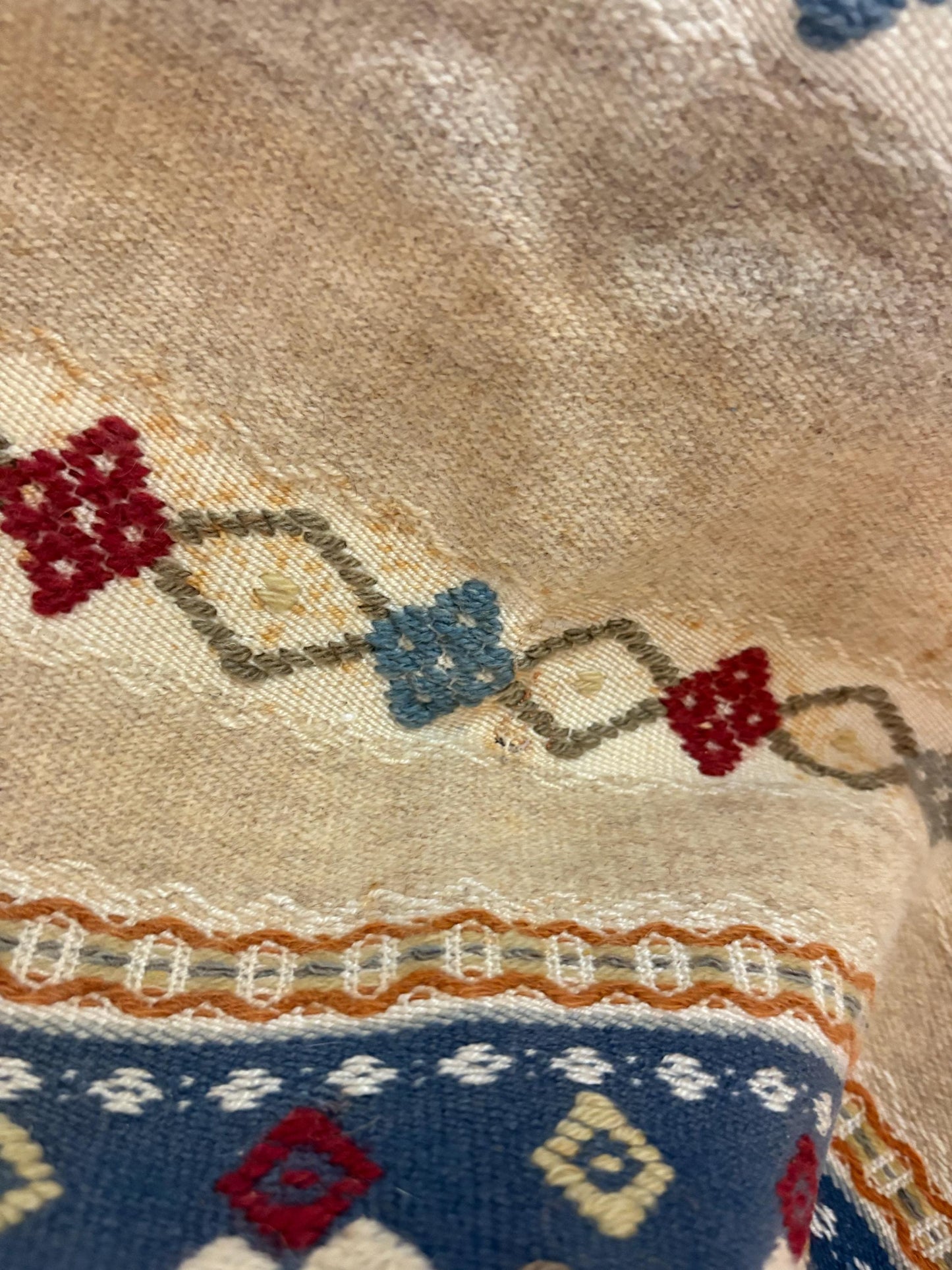 Beautiful 48 x 19 inch antique wool textile  middle or South American  minor issues see photos  great style and many uses