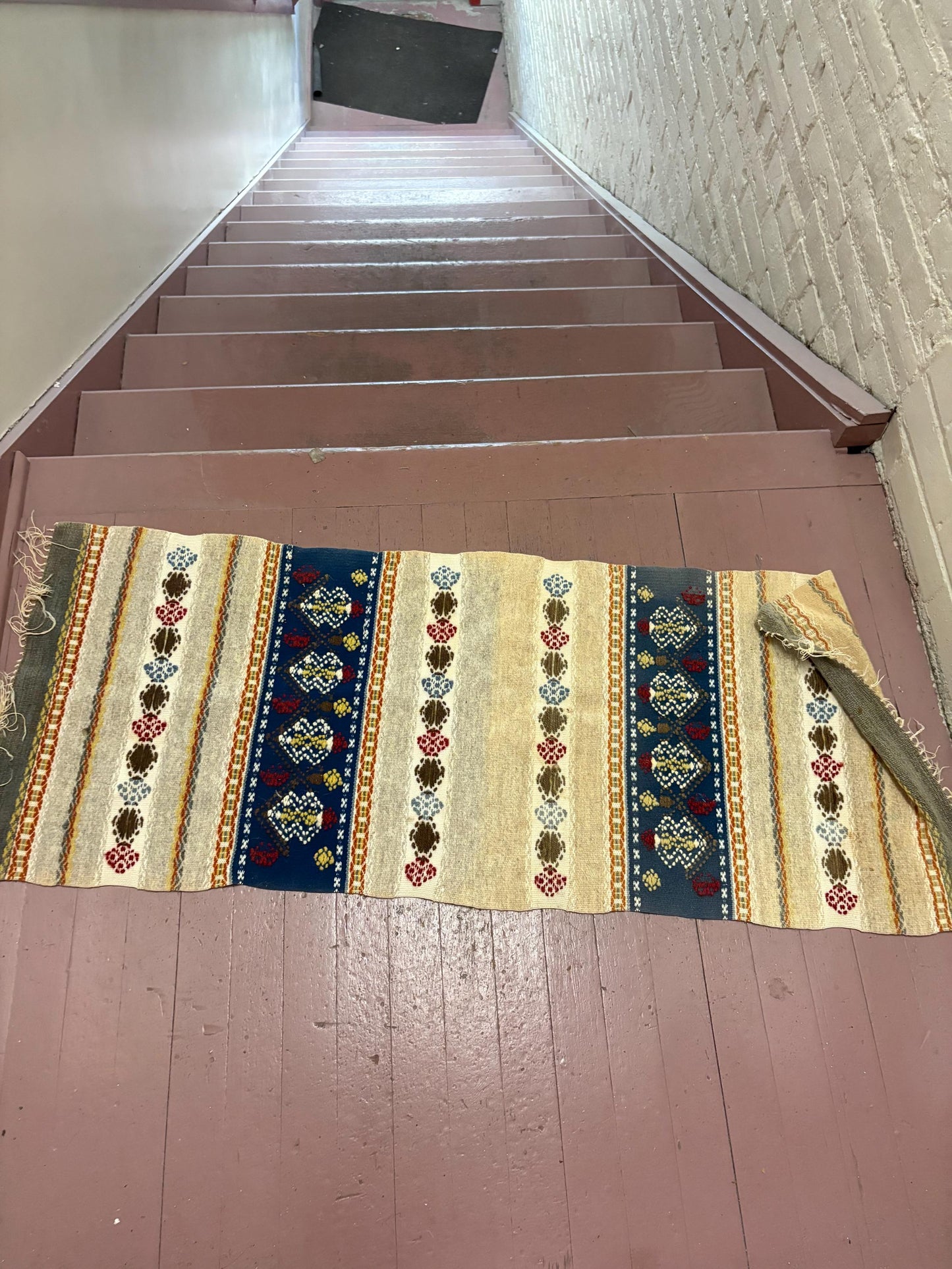 Beautiful 48 x 19 inch antique wool textile  middle or South American  minor issues see photos  great style and many uses