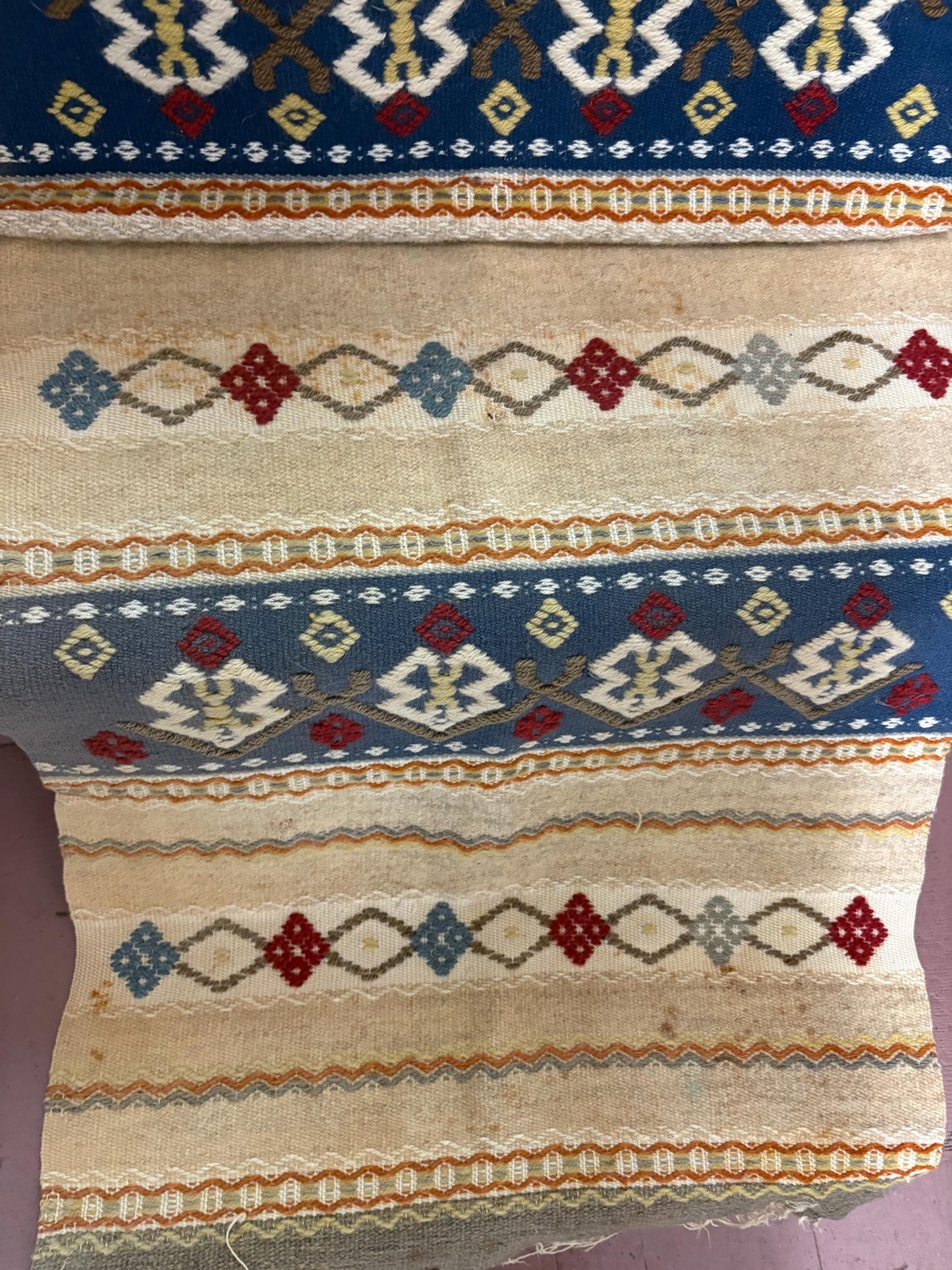 Beautiful 48 x 19 inch antique wool textile  middle or South American  minor issues see photos  great style and many uses