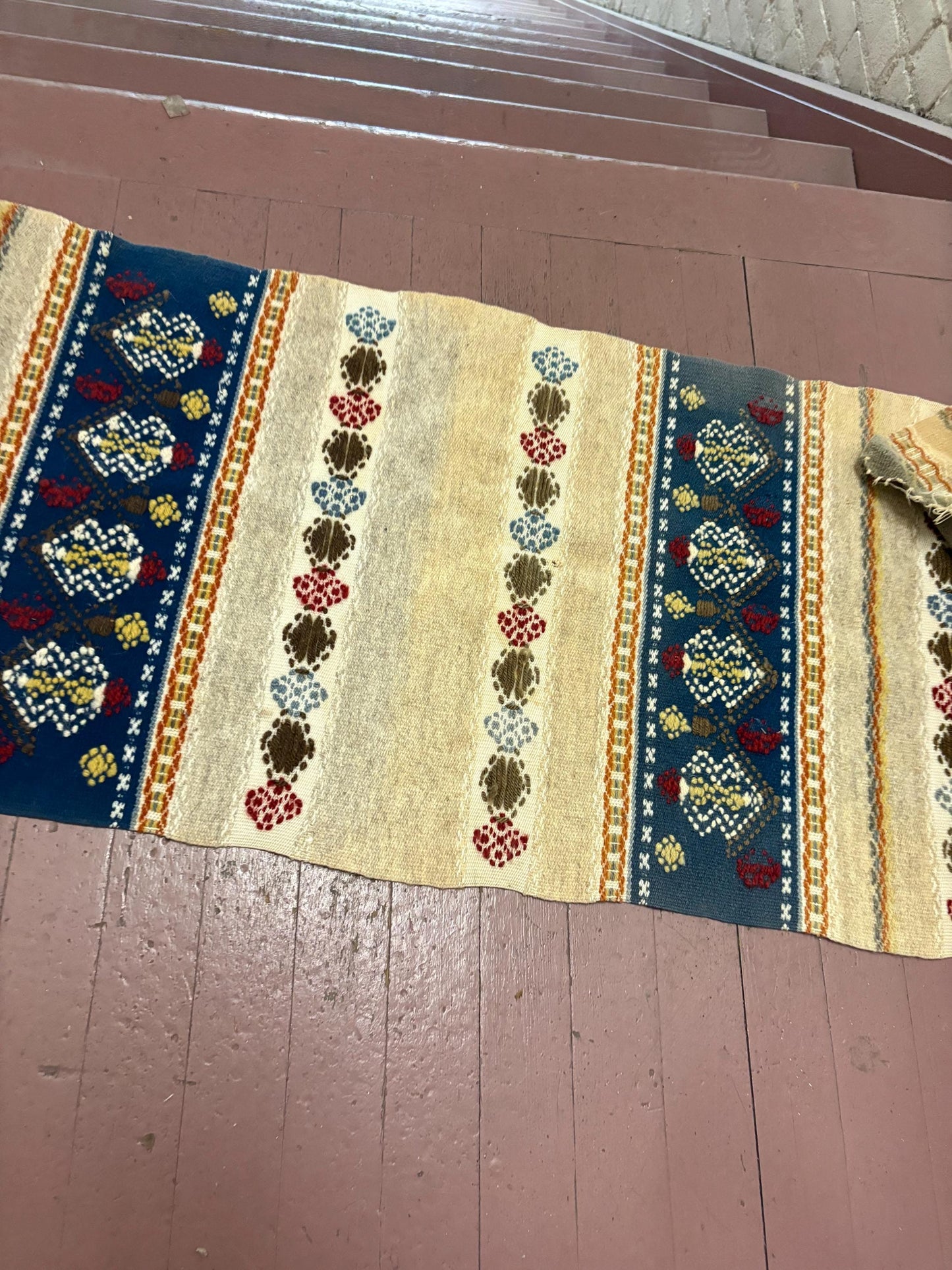 Beautiful 48 x 19 inch antique wool textile  middle or South American  minor issues see photos  great style and many uses