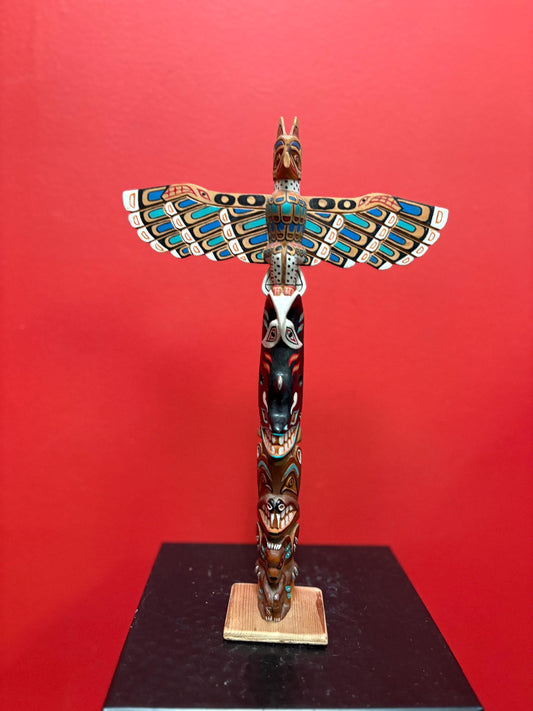 Amazing 12 x 8 indigenous first nation specific north West Coast painted cedar transformation totem pole by Ronnie George - wow - as is nos