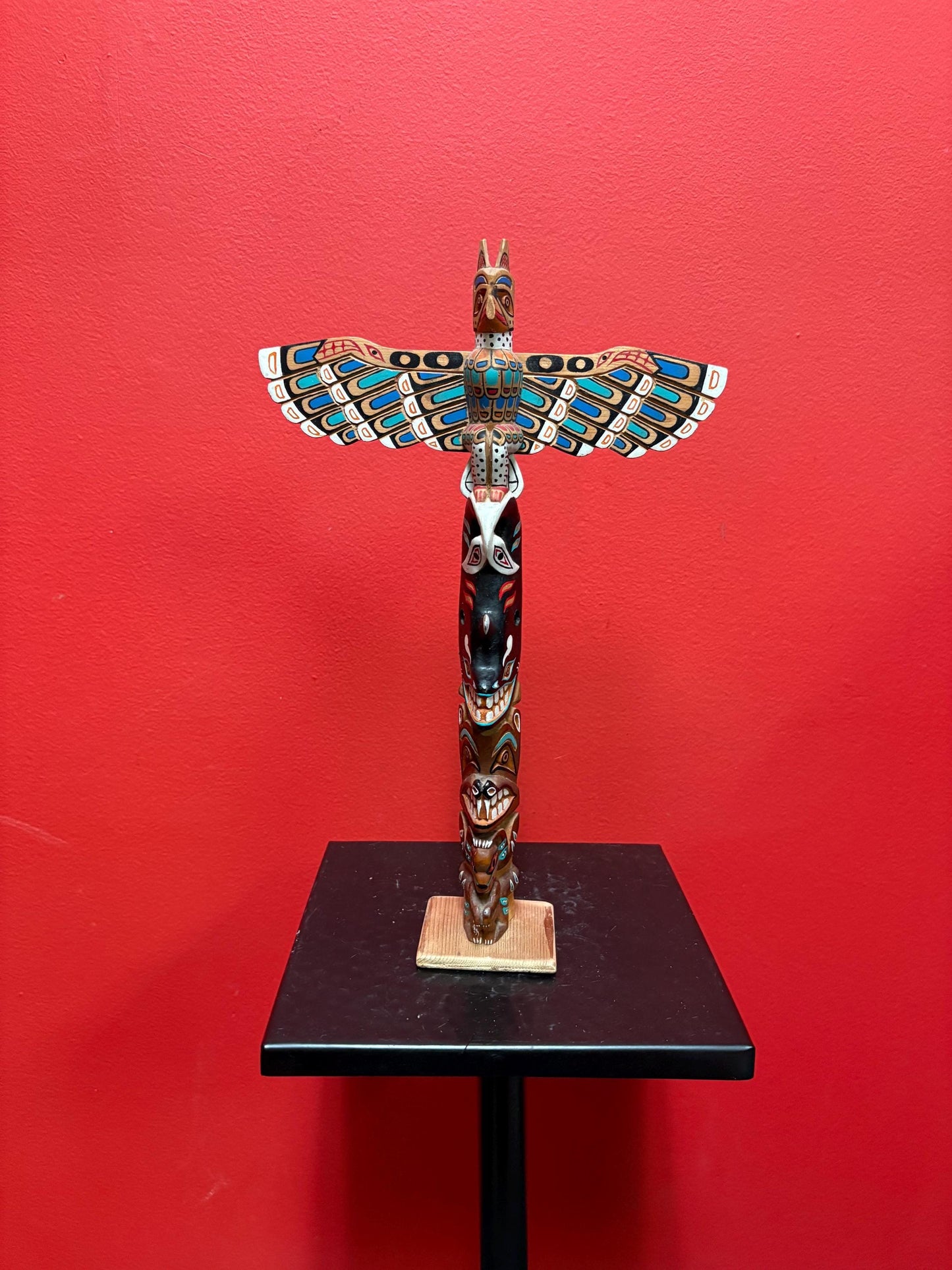 Amazing 12 x 8 indigenous first nation specific north West Coast painted cedar transformation totem pole by Ronnie George - wow - as is nos