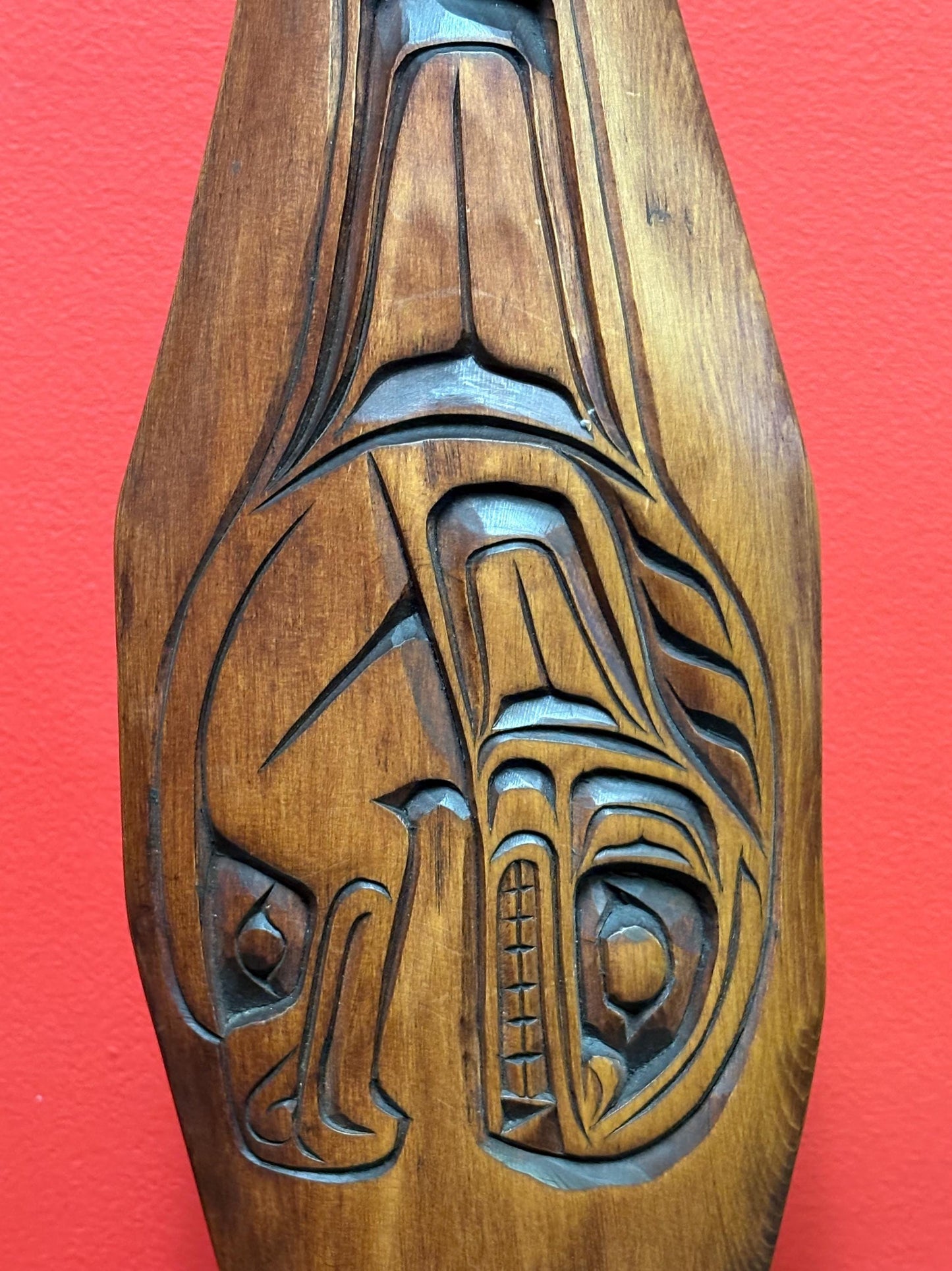 Sensational signed indigenous first nation, Pacific Northwest Coast 27 x 6“ wide cedar thick well detailed paddle  really beautiful - needs