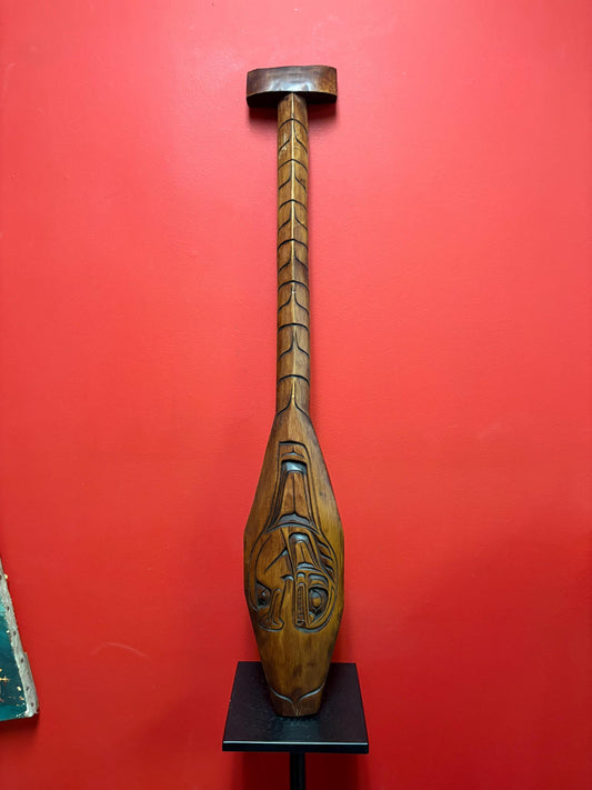 Sensational signed indigenous first nation, Pacific Northwest Coast 27 x 6“ wide cedar thick well detailed paddle  really beautiful - needs
