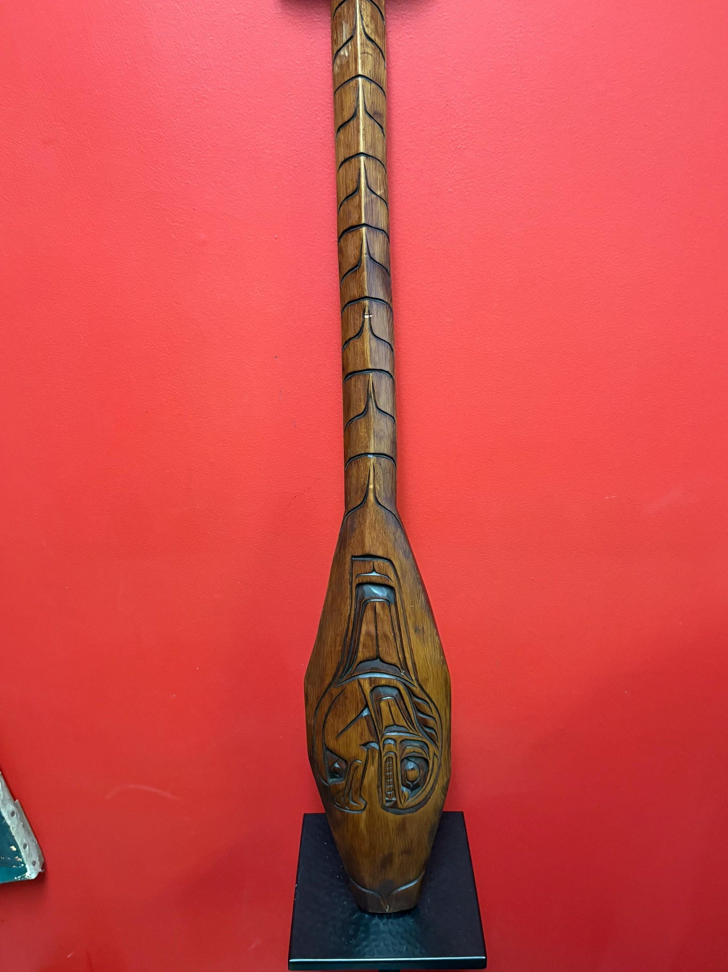 Sensational signed indigenous first nation, Pacific Northwest Coast 27 x 6“ wide cedar thick well detailed paddle  really beautiful - needs
