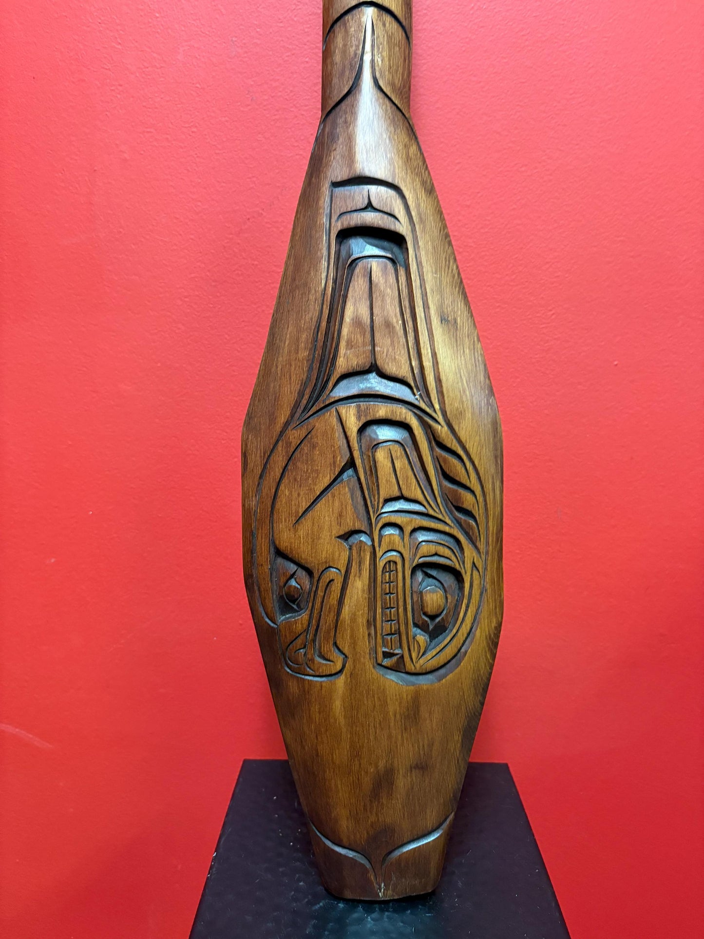 Sensational signed indigenous first nation, Pacific Northwest Coast 27 x 6“ wide cedar thick well detailed paddle  really beautiful - needs