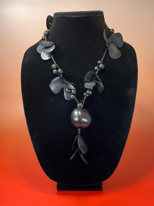 Bold Black Beaded Statement Necklace  20 with 3.5 Drop
