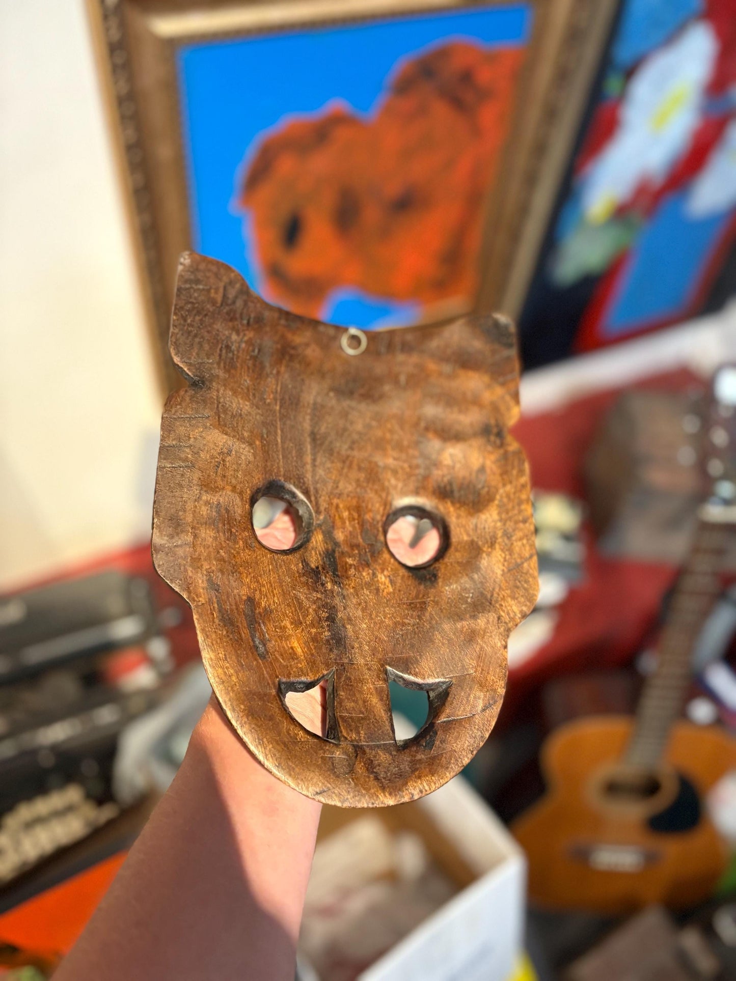 Beautiful older Asian hardwood mask with cheeky tongue ready to hang or gift  10 x 8 inches across  good value